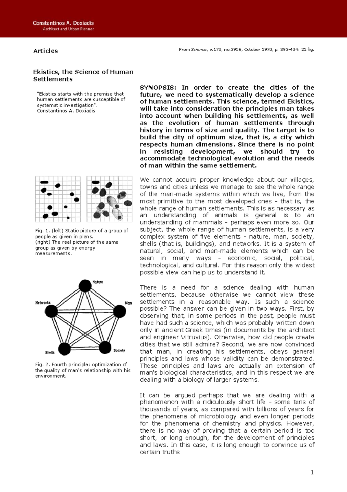 Ecistics the science of human settlements Articles From Science, v