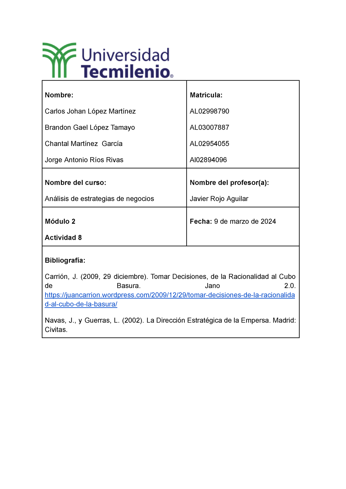 Act08 Analisis De Estrategias De Negocios - Nombre: Carlos Johan López ...