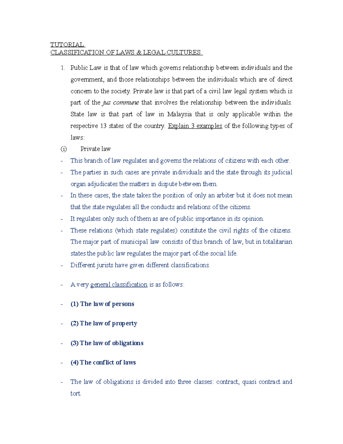 Classification of Laws & Legal Cultures TUTORIAL CLASSIFICATION OF