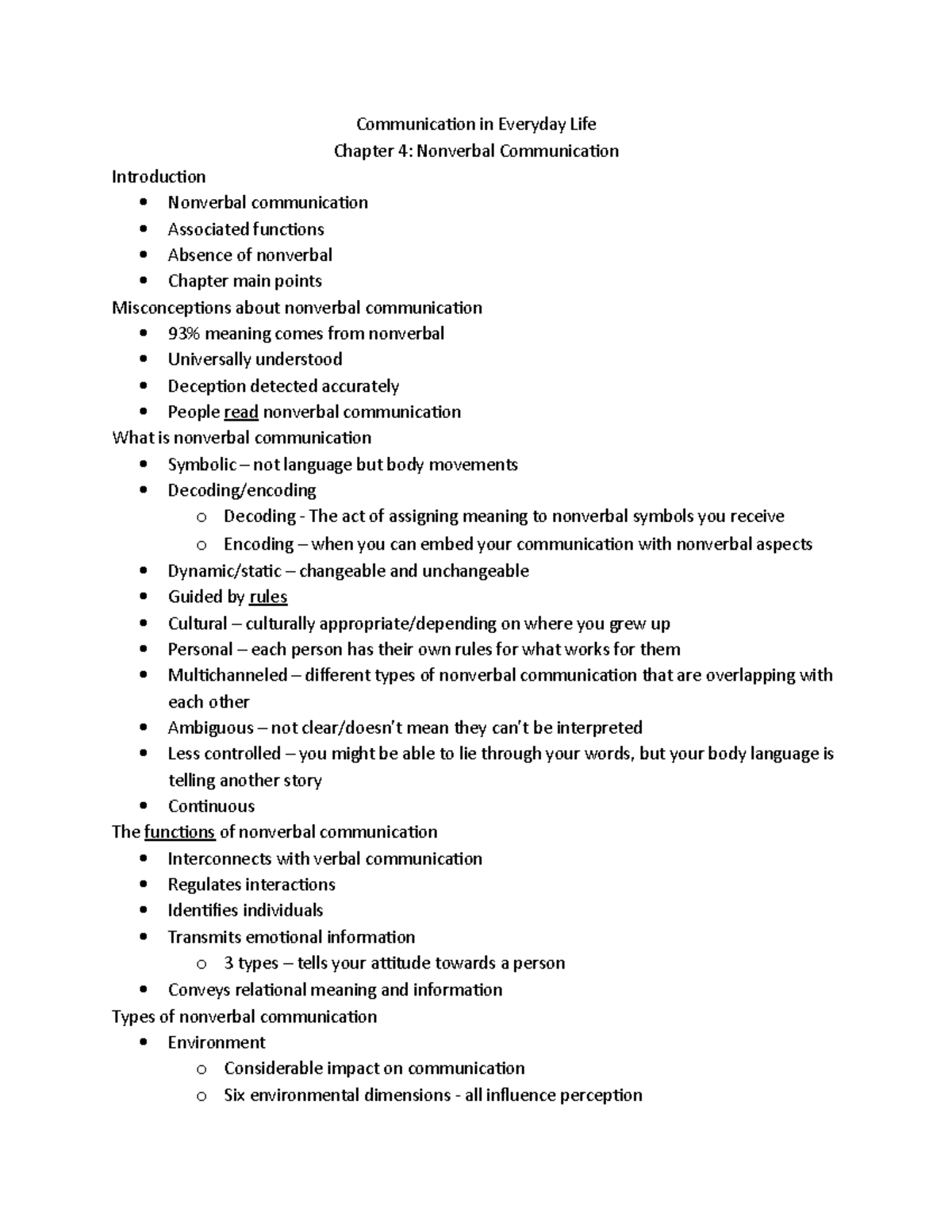 Chapter 4 notes - Communication in Everyday Life Chapter 4: Nonverbal ...