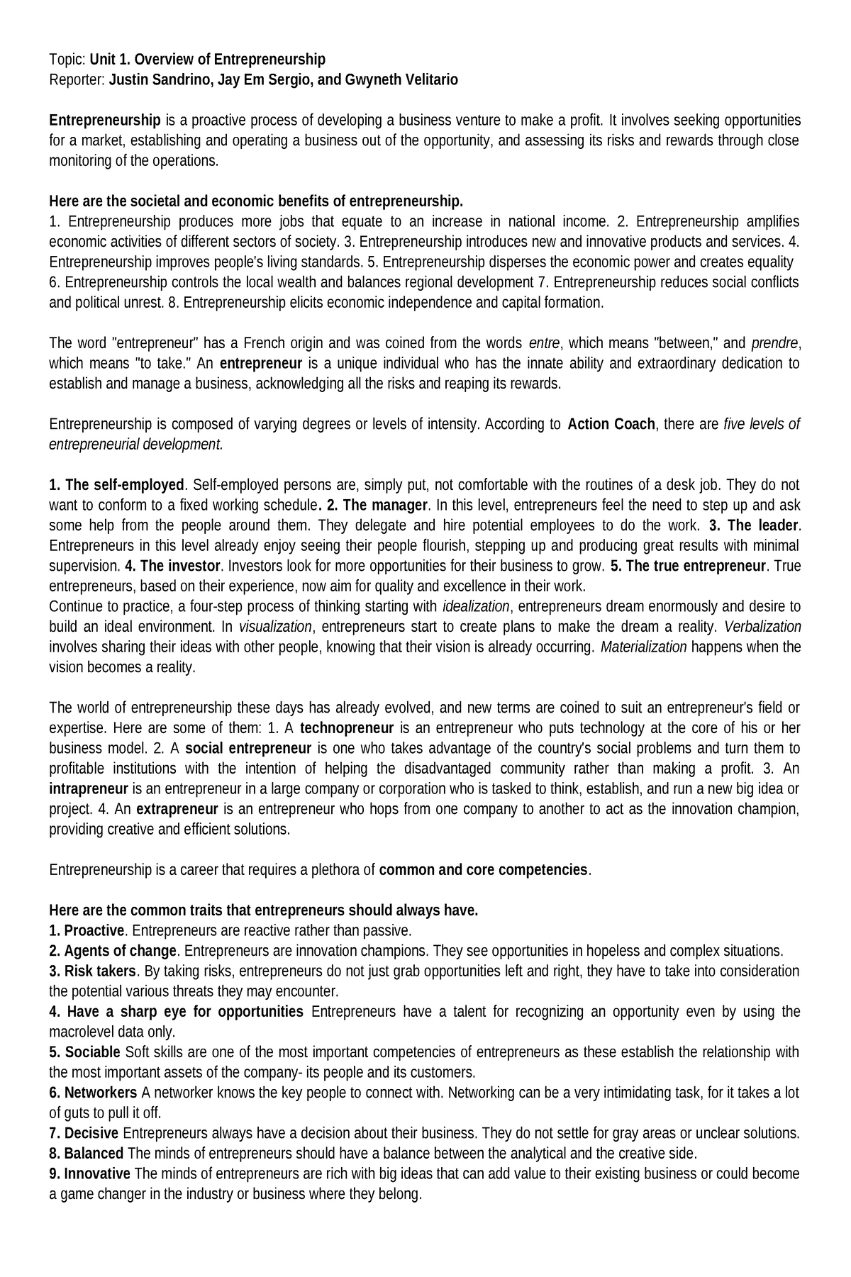 UNIT1handout - geww - Topic: Unit 1. Overview of Entrepreneurship ...