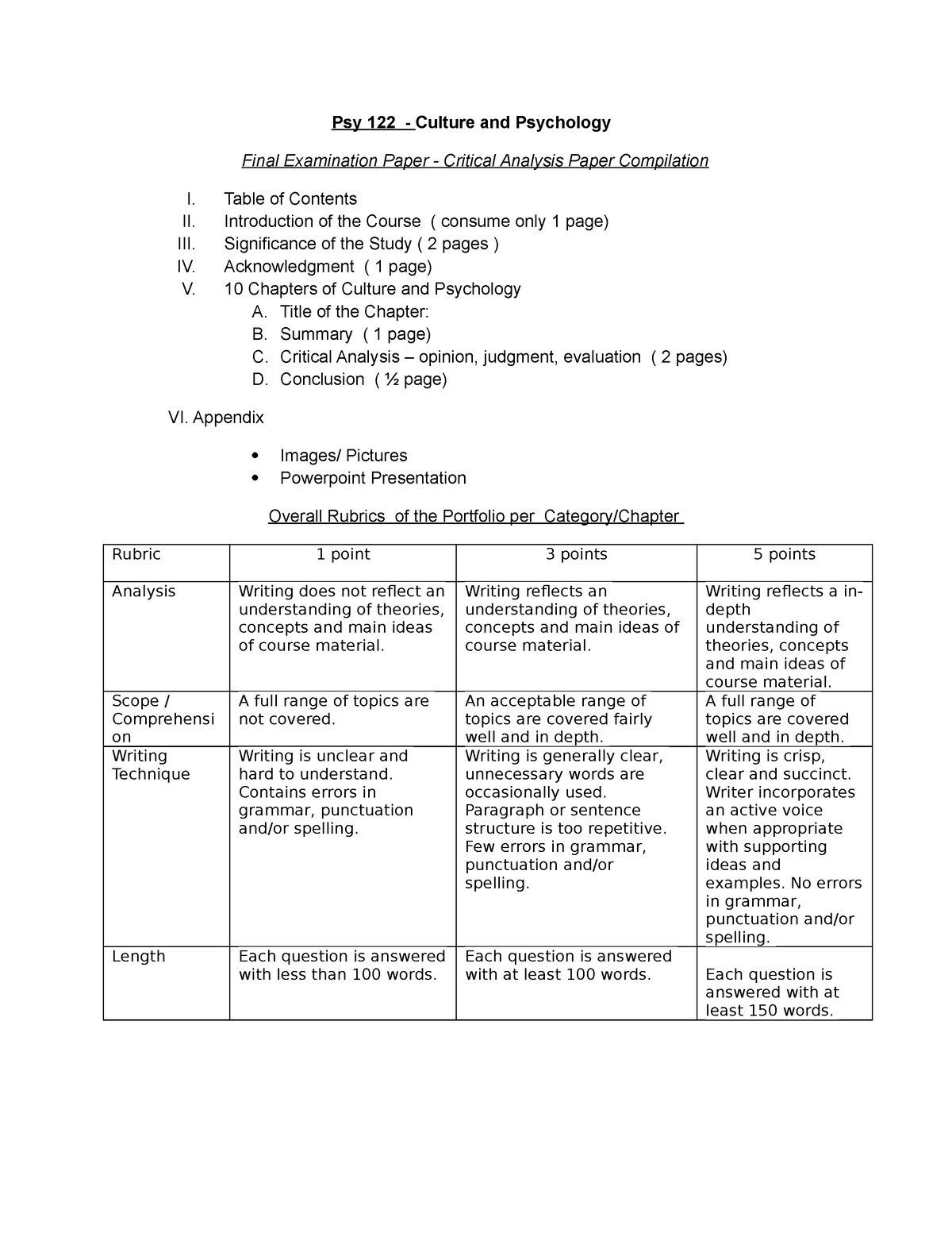 Culture and Psychology Portfolio rubrics - Psy 122 - Culture and ...