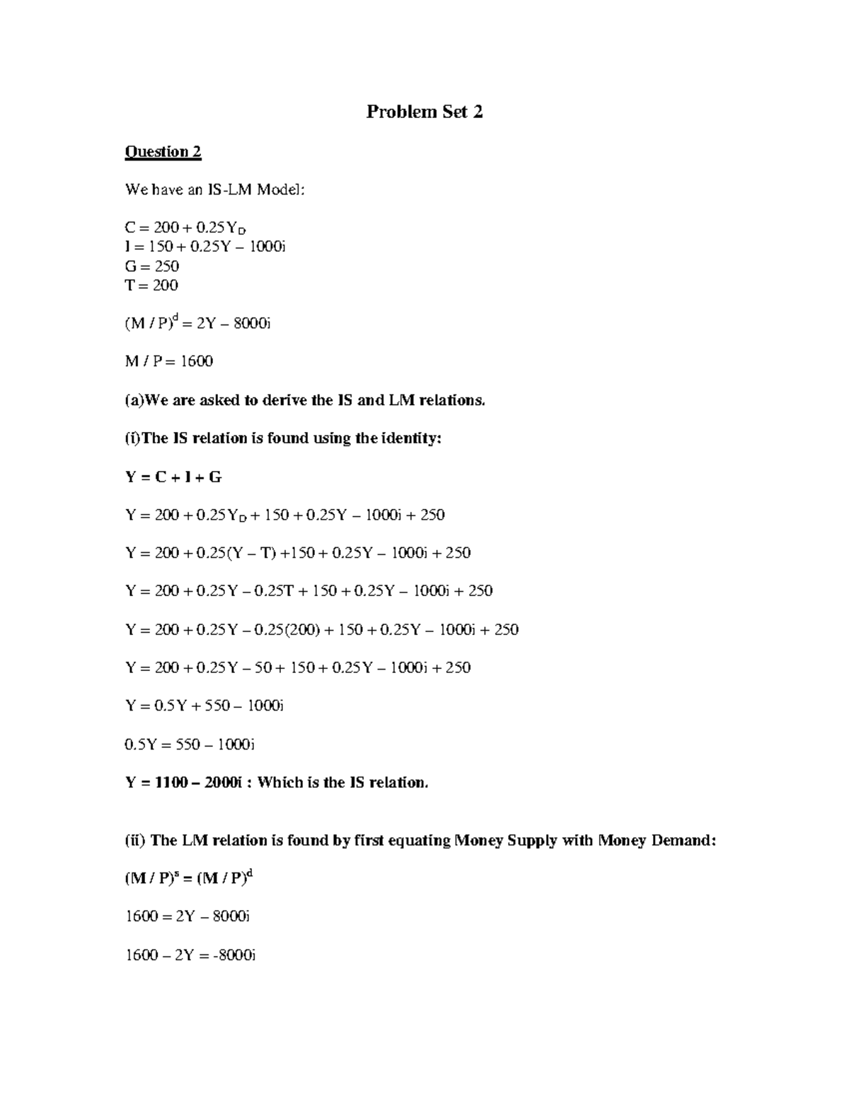 Ec2010 ps2ans - practice - Problem Set 2 Question 2 We have an IS-LM ...