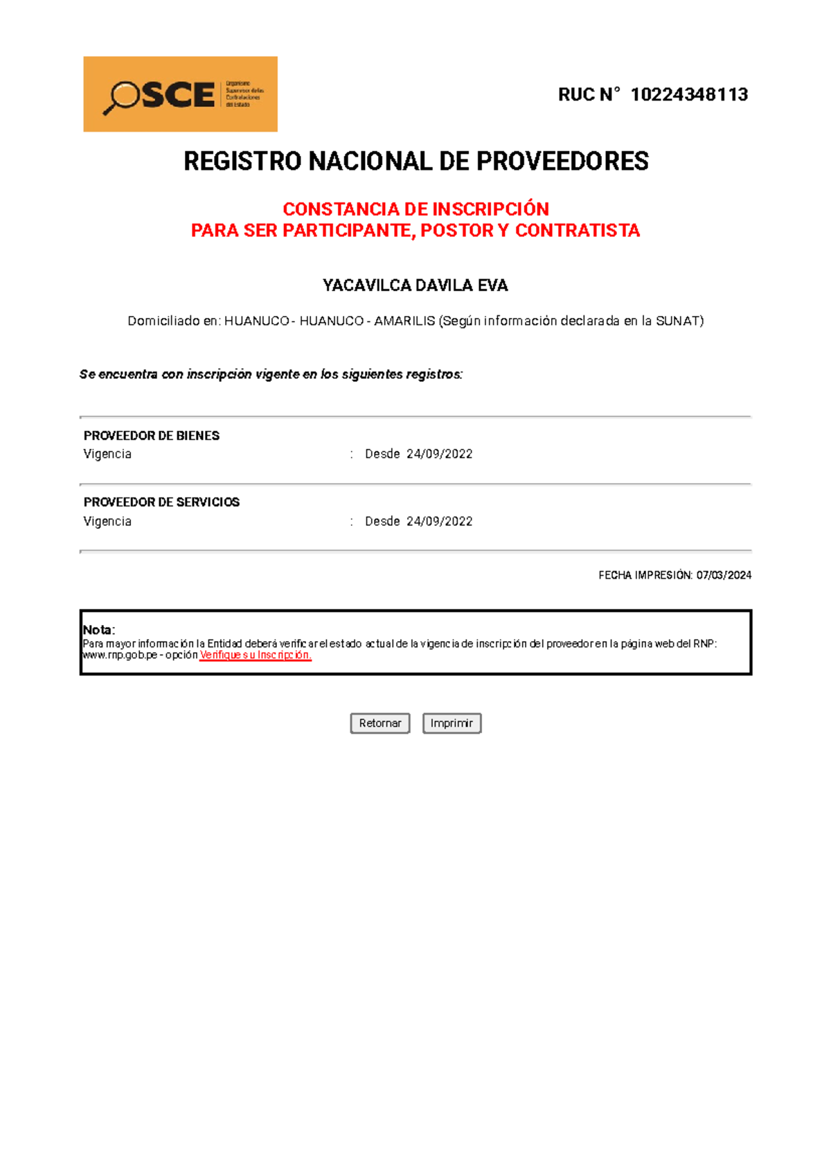 Constancia DEL RNP - RUC N° 10224348113 REGISTRO NACIONAL DE ...