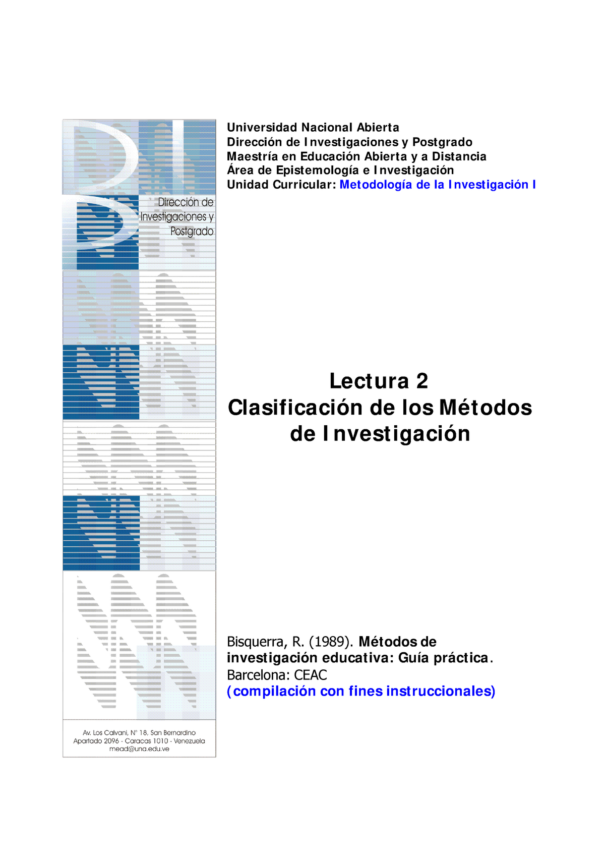 Bisquerra Clasificacion De Los Metodos De Investigacion - Universidad ...