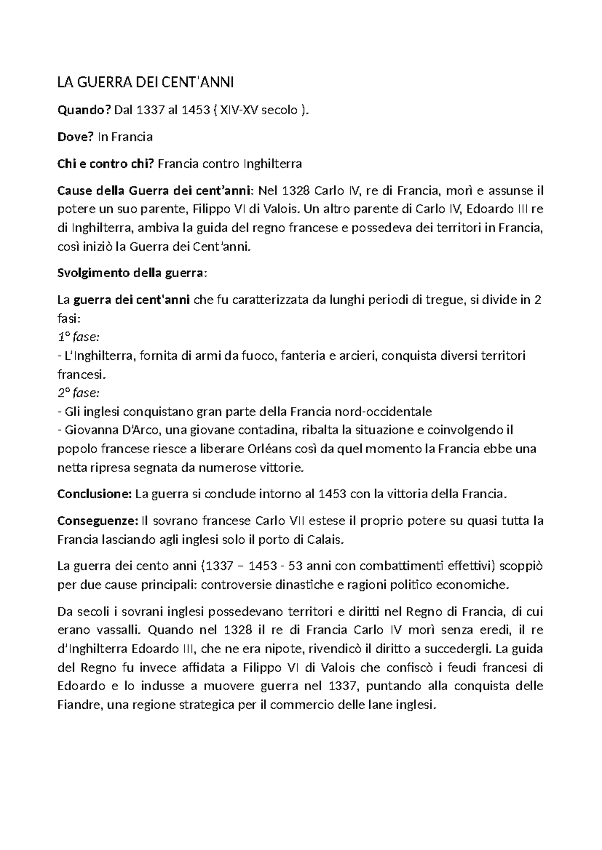 La guerra dei 100 anni - Riassunto manuale di storia medievale - LA ...