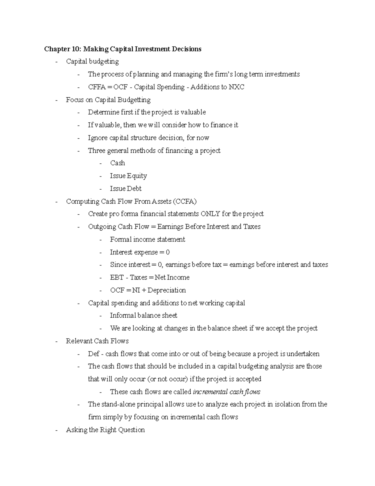 FIN Test 4 Powerpoint Notes - Chapter 10: Making Capital Investment ...