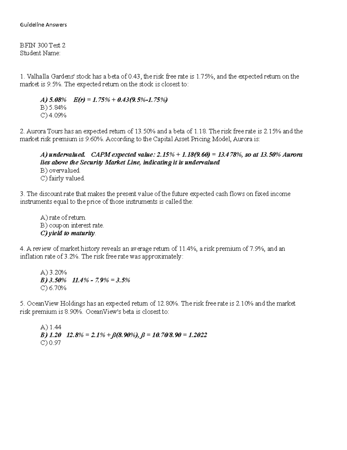 BFIN 300 SP16 Test 2 Guideline Answers - Guideline Answers BFIN 300 ...