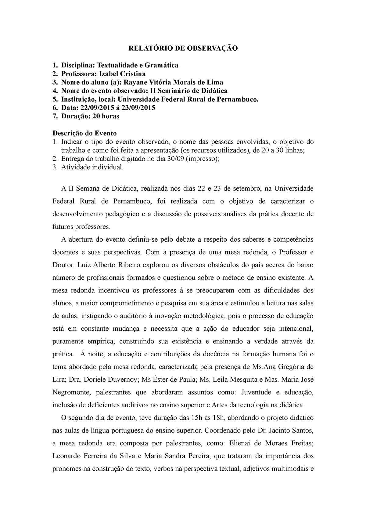 Relatório De Observação Seminário De Didática RelatÓrio De ObservaÇÃo Disciplina 4056