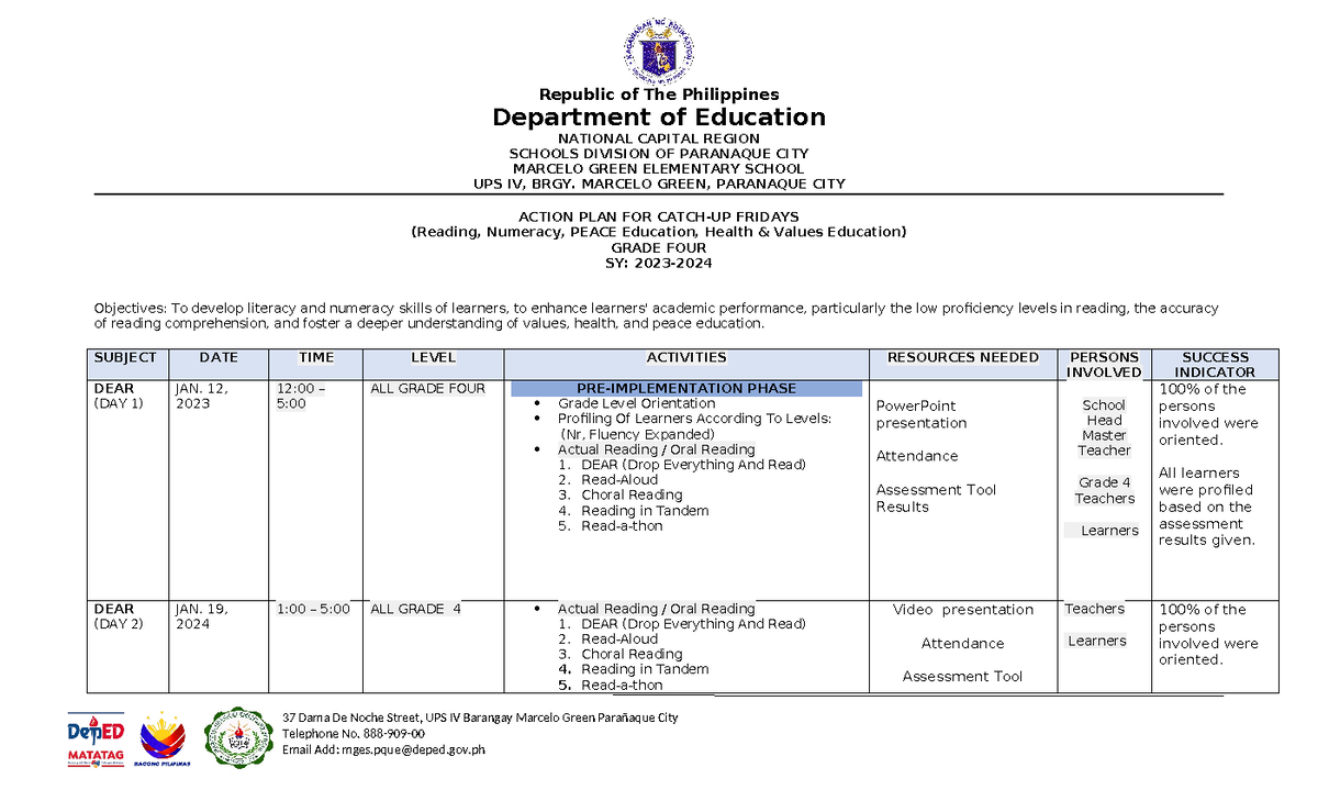 Grade IV Catch UP Fridays Action PLAN Final - Department of Education ...