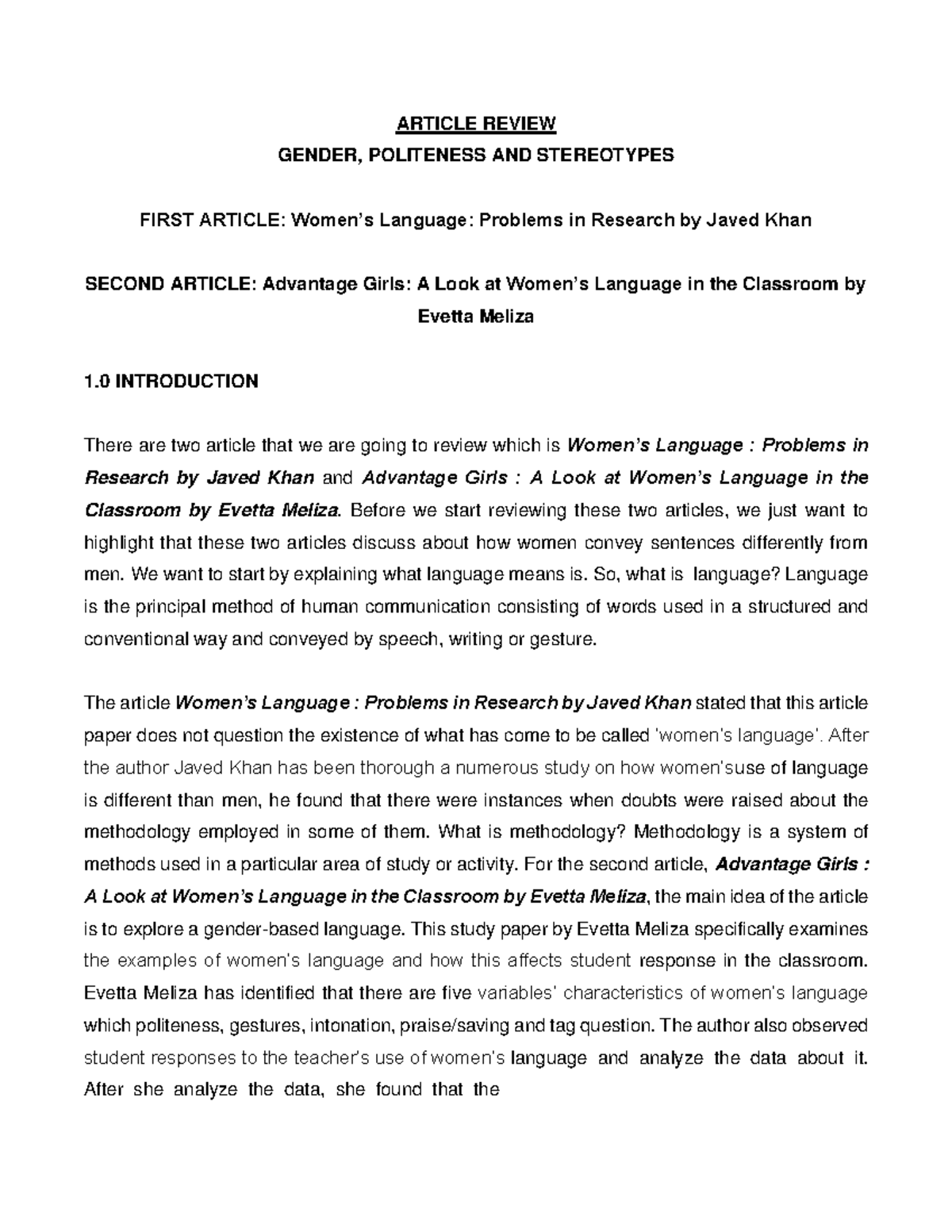 Article Review About Women'S Language - ARTICLE REVIEW GENDER ...