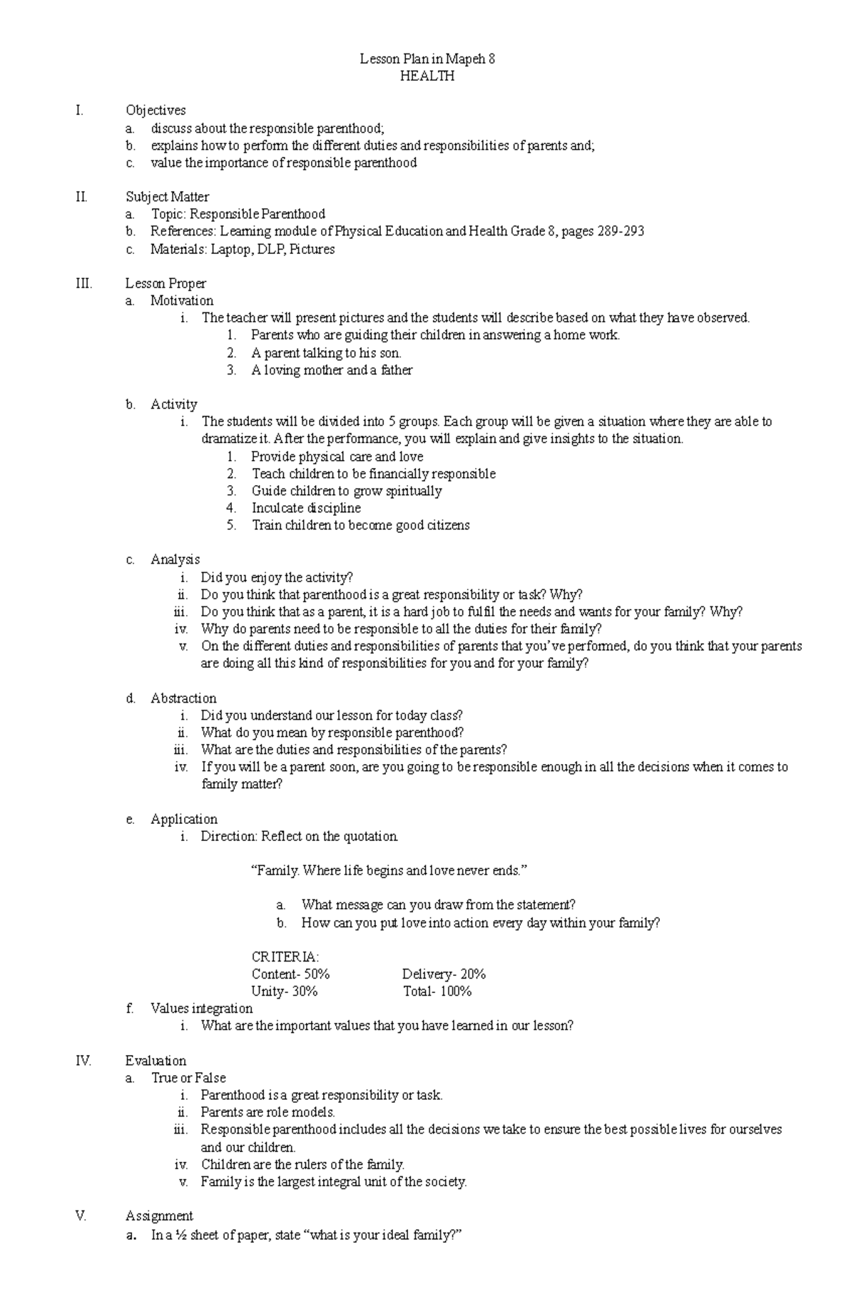 Lesson Plan in Health - Lesson Plan in Mapeh 8 HEALTH I. Objectives a ...