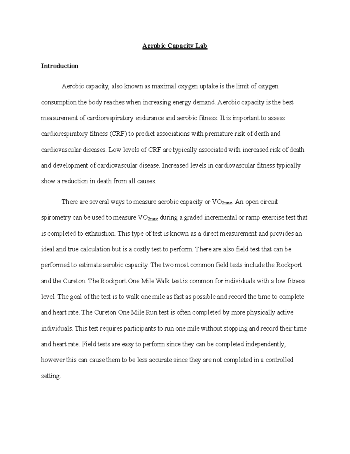 Aerobic Capacity Lab Report - Aerobic Capacity Lab Introduction Aerobic ...