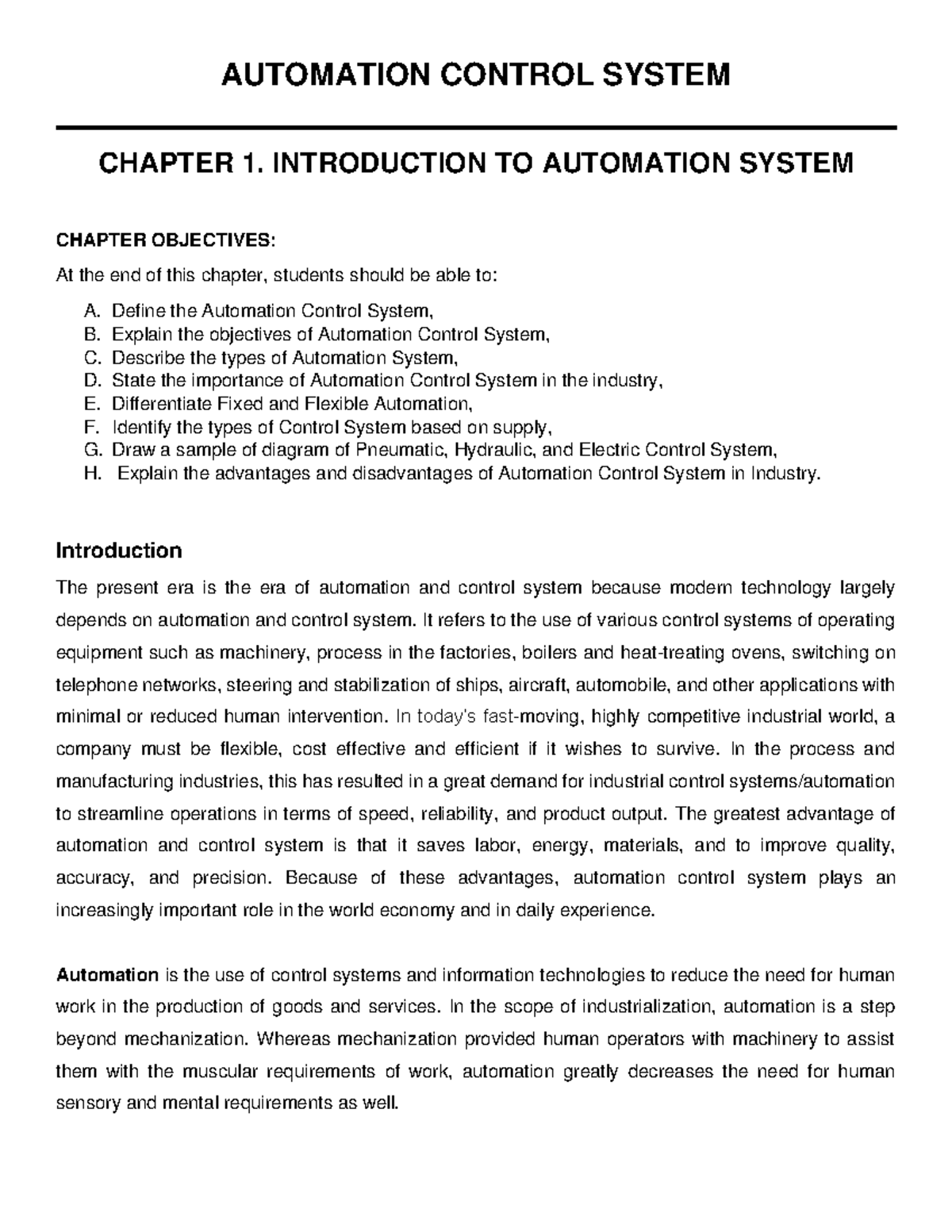 ELEC13 Module 1 - AUTOMATION CONTROL SYSTEM CHAPTER 1. INTRODUCTION TO ...