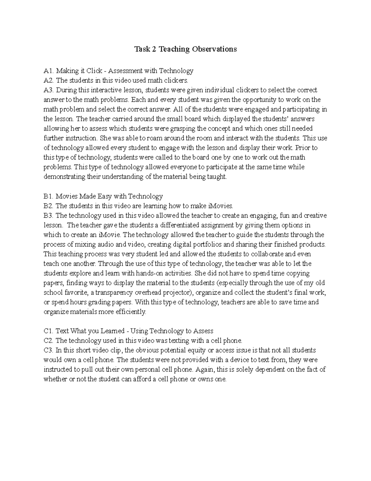 Task 2 Teaching Observations - Task 2 Teaching Observations A1. Making ...