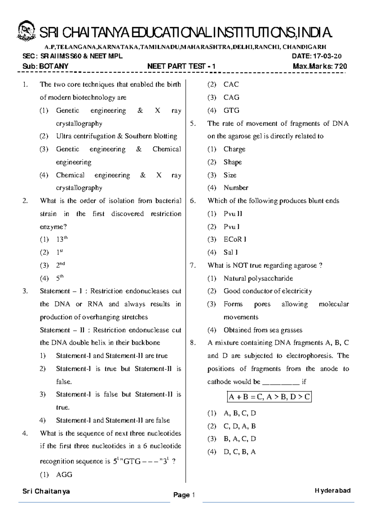 NEET Test Series 9 - Neet - SRI CHAITANYA EDUCATIONAL INSTITUTIONS ...