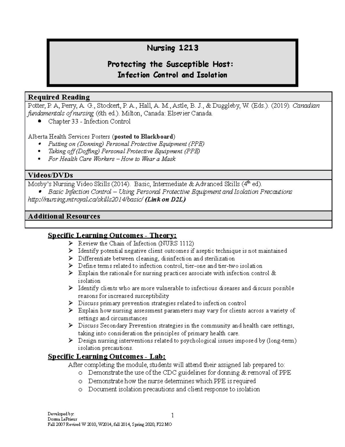 N1213 Infection Control Module Student Fall 2022 Required Reading