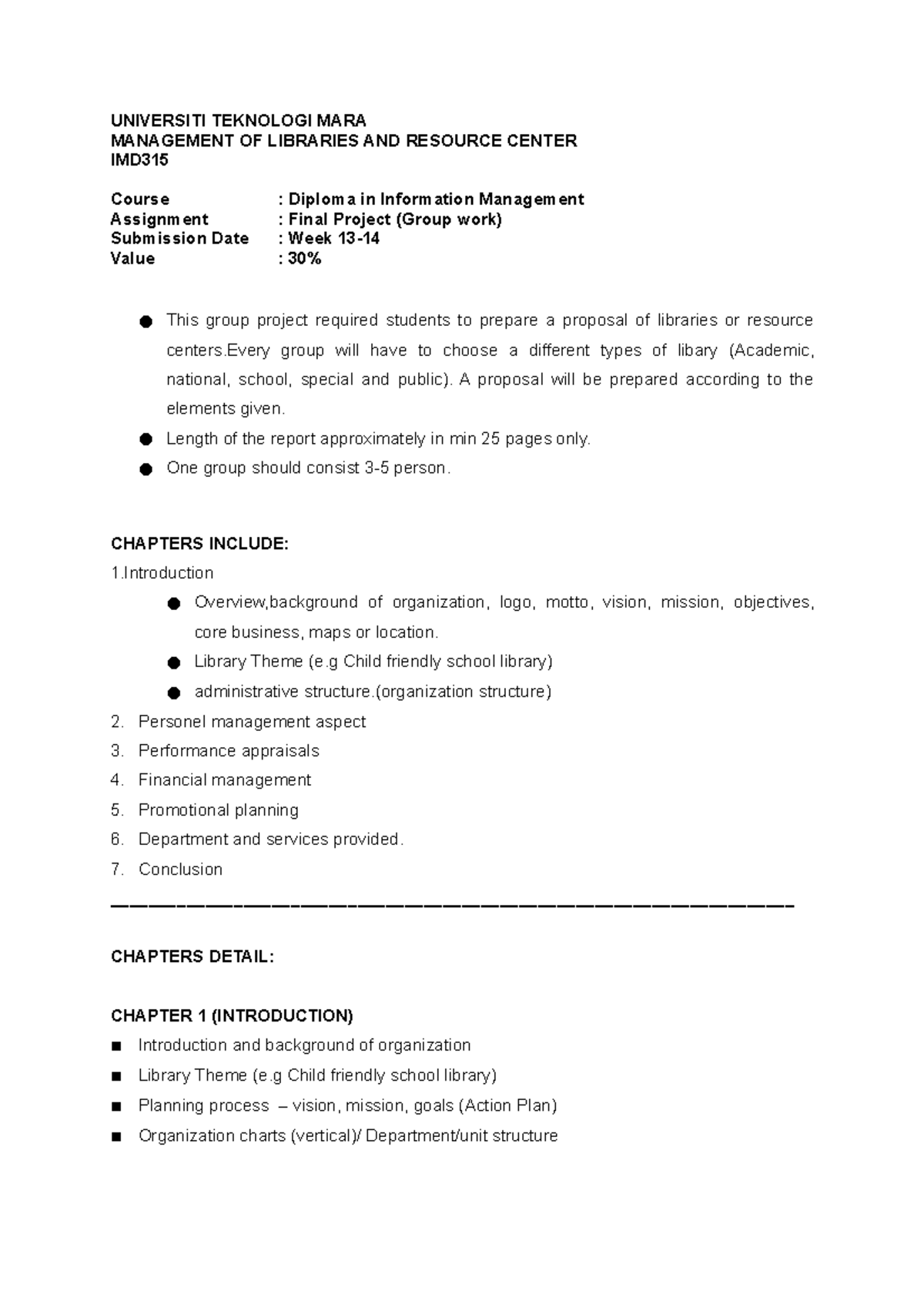 IMD315 Group Assignment - UNIVERSITI TEKNOLOGI MARA MANAGEMENT OF ...