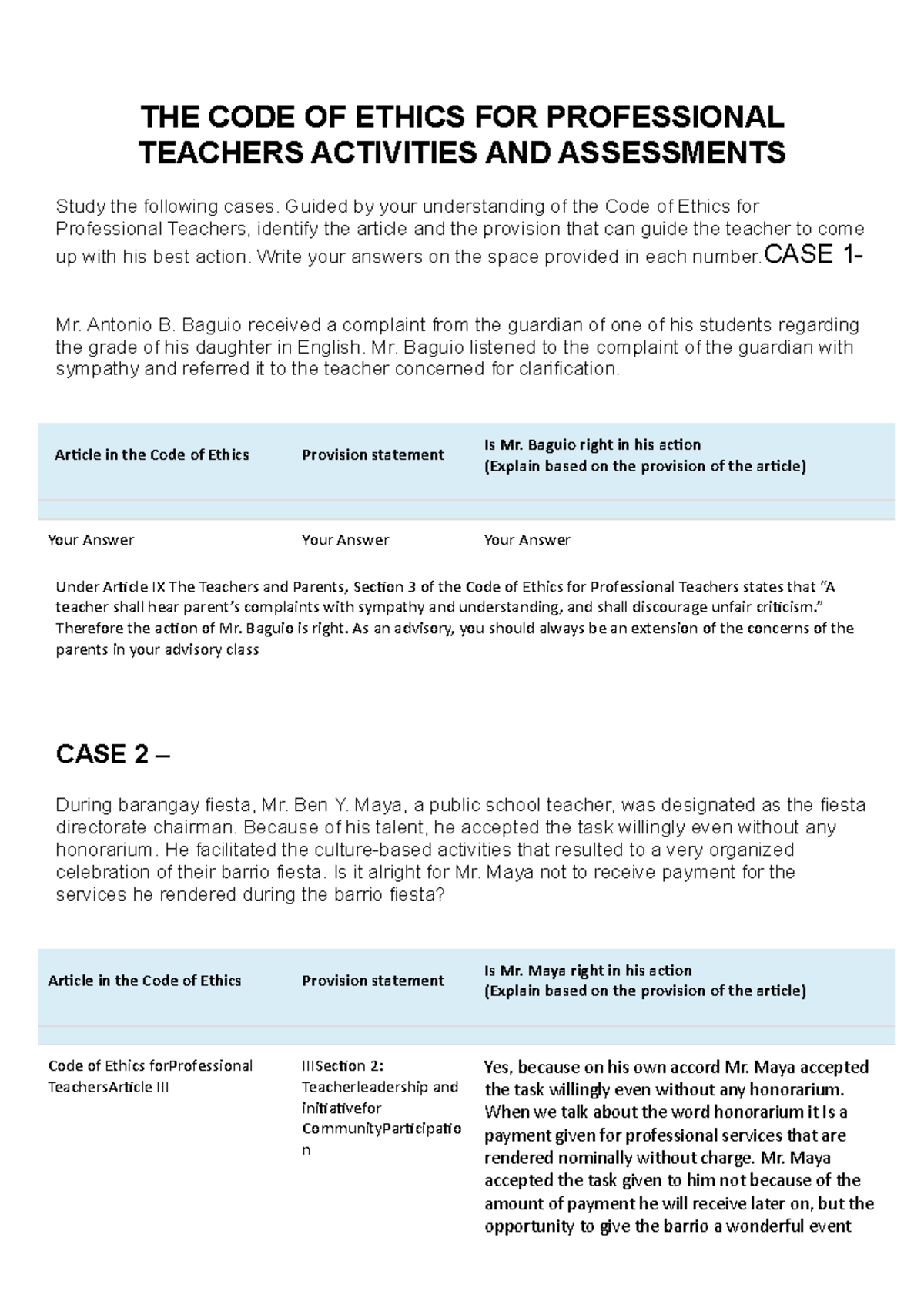 Code of ethics Activity final - THE CODE OF ETHICS FOR PROFESSIONAL ...