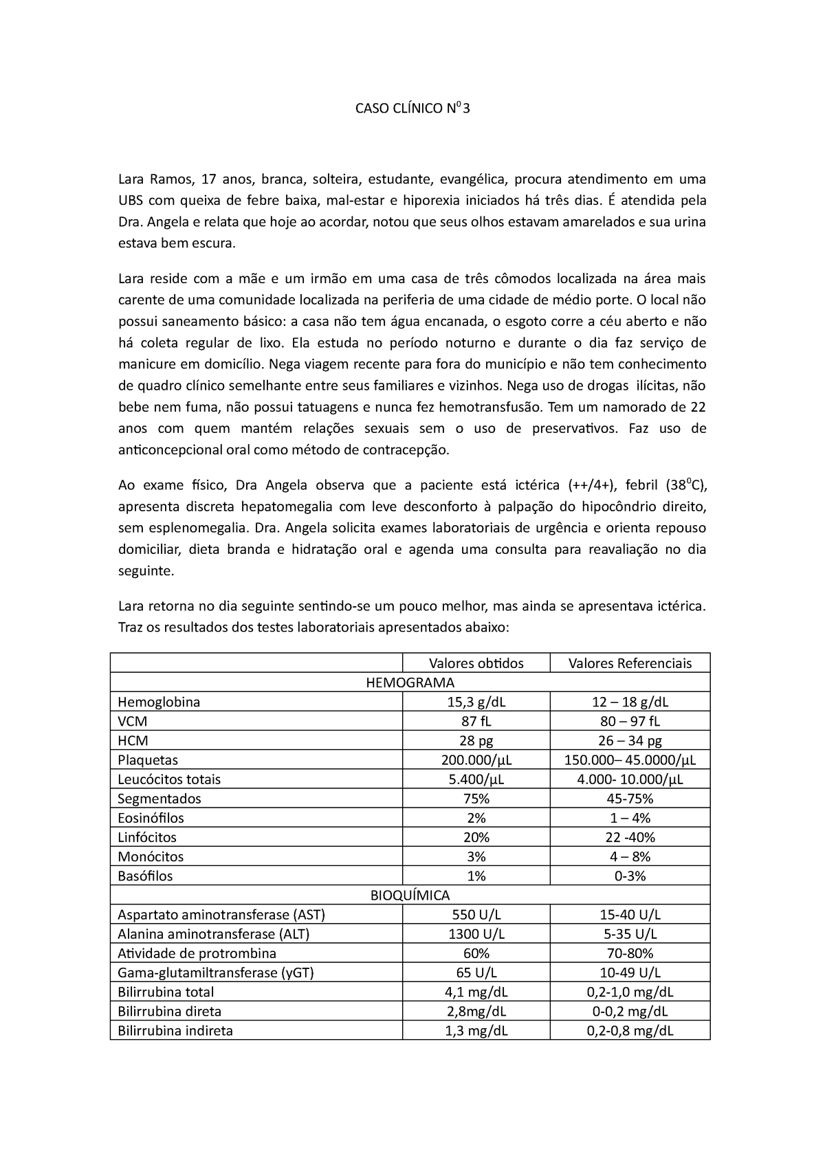 CASO Clinico - hepatite viral - MIC - CASO CLÍNICO N0 3 Lara Ramos, 17  anos, branca, solteira, - StuDocu