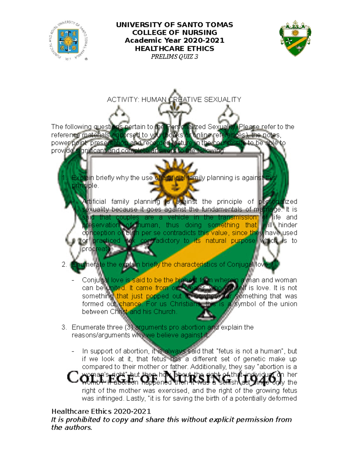 Health Care Ethics - University Of Santo Tomas College Of Nursing 