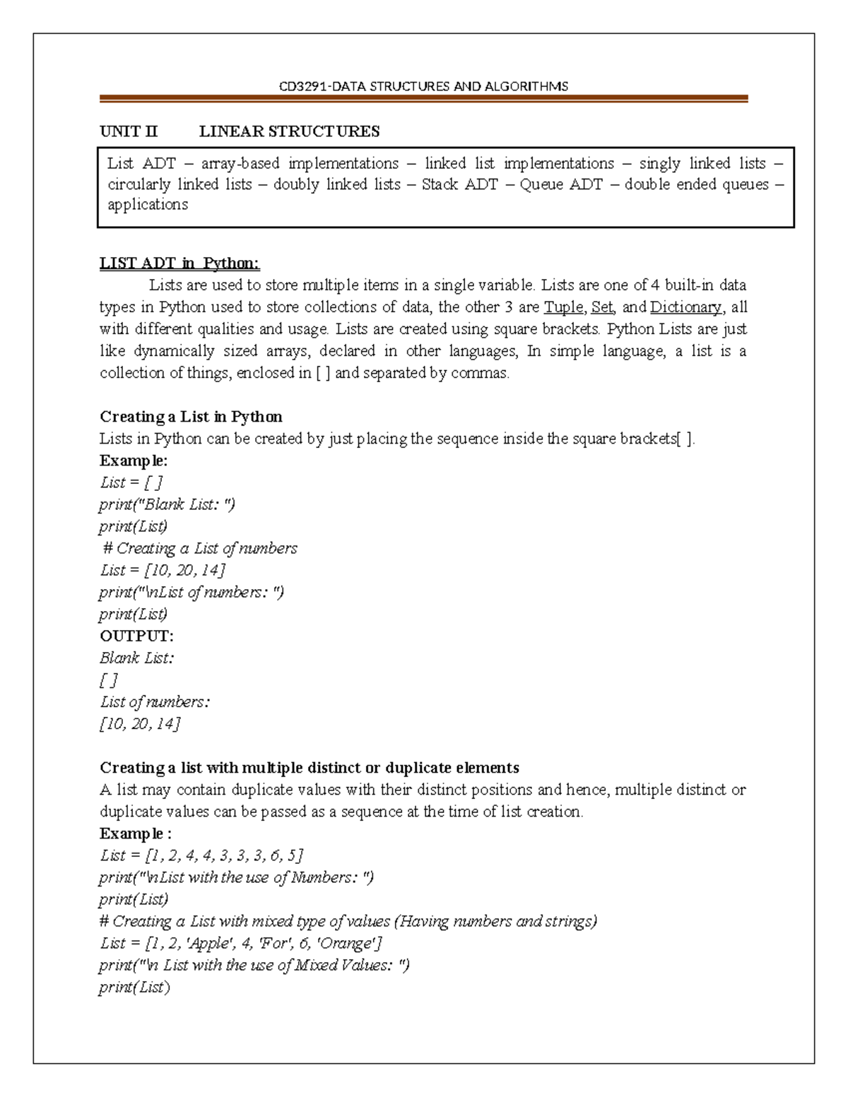 UNIT II Linear Structures - UNIT II LINEAR STRUCTURES LIST ADT in ...