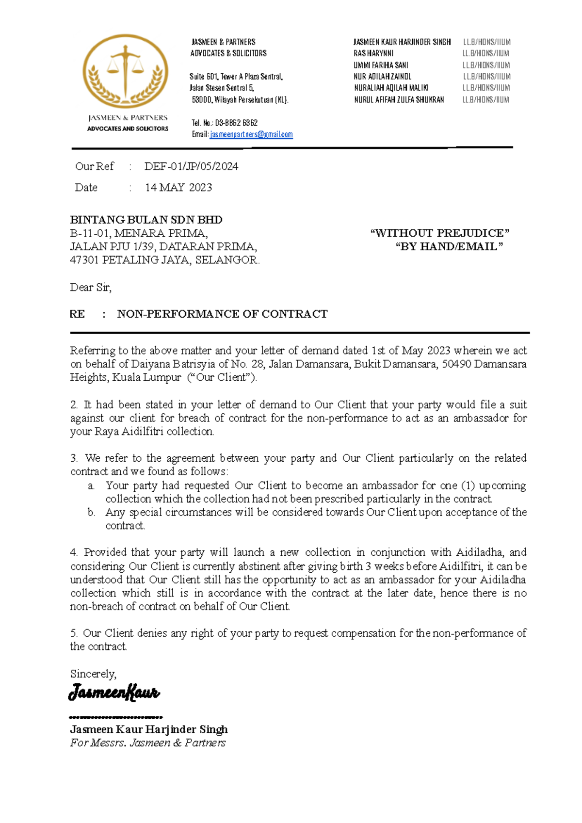 Without Prejudice Letter JASMEEN & PARTNERS JASMEEN KAUR HARJINDER SINGH LL/HONS/IIUM Studocu