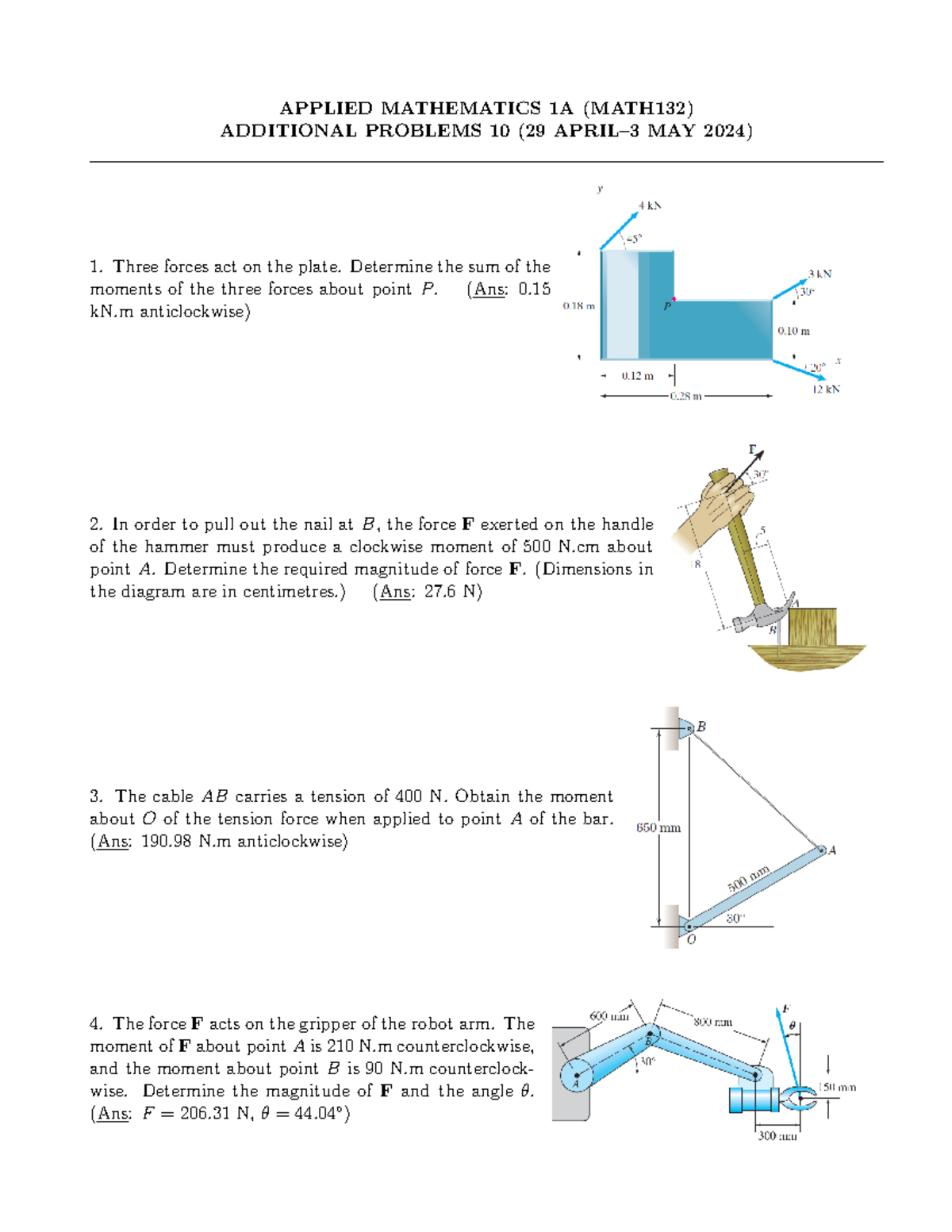 Additional Tutorial Problems 10 2024 Applied Mathematics 1a Additional Tutorial Problems 10 2024 Applied Mathematics 1a