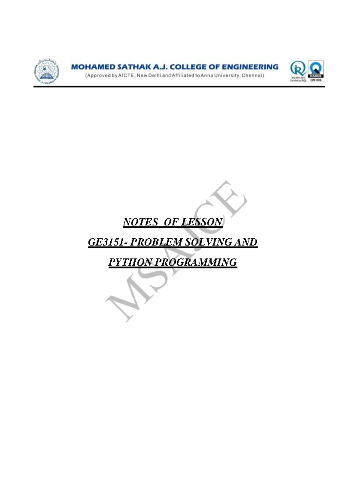 GE3151-LN - Good notes - NOTES OF LESSON GE3151- PROBLEM SOLVING AND ...