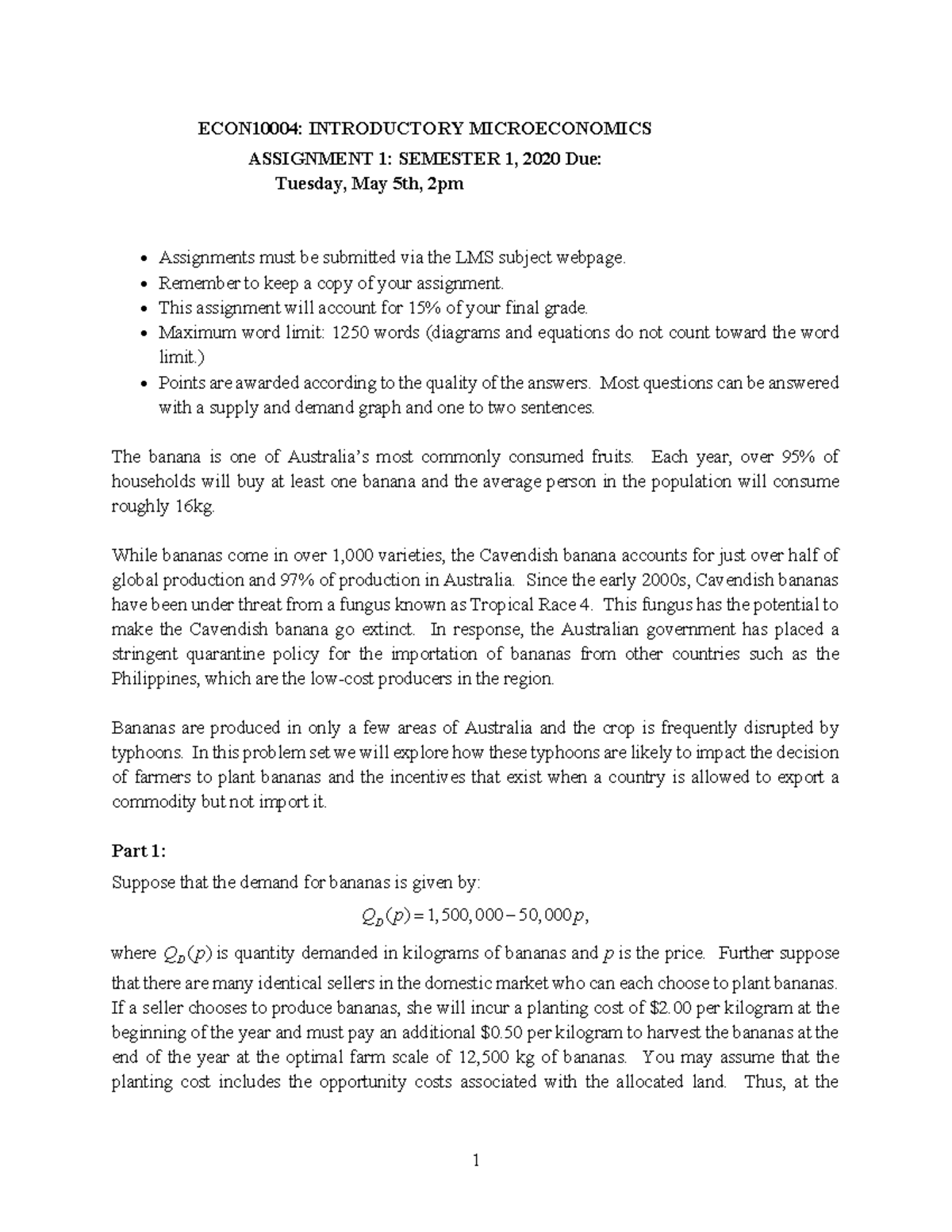 Assignment 1 2020 - ECON10004: INTRODUCTORY MICROECONOMICS ASSIGNMENT 1 ...