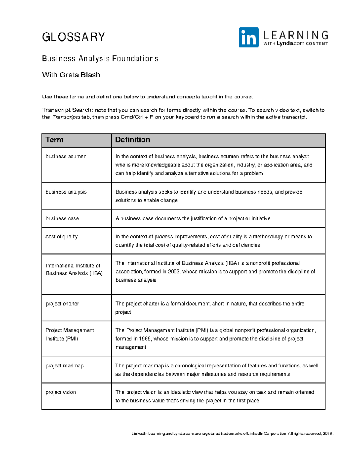 Glossary Business Analysis Foundations 2 - LinkedIn Learning and Lynda ...