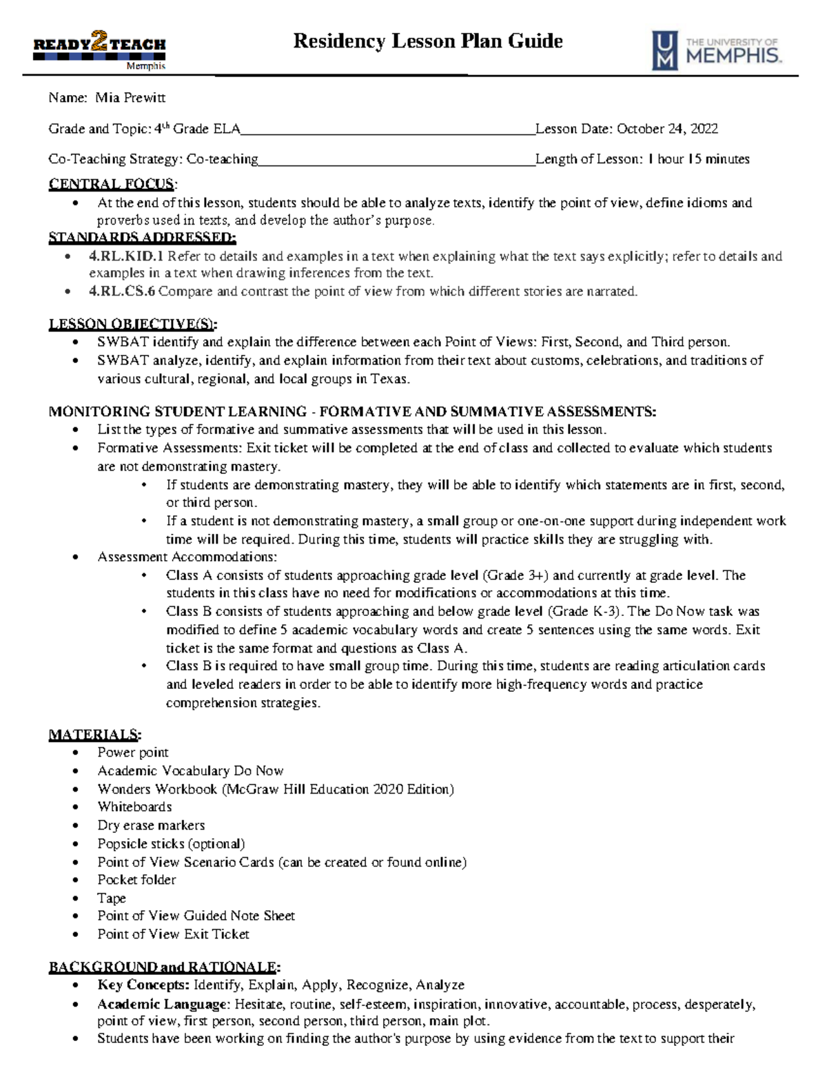 Lesson Plan Ideas Residency Lesson Plan Guide Name Mia Prewitt Grade 