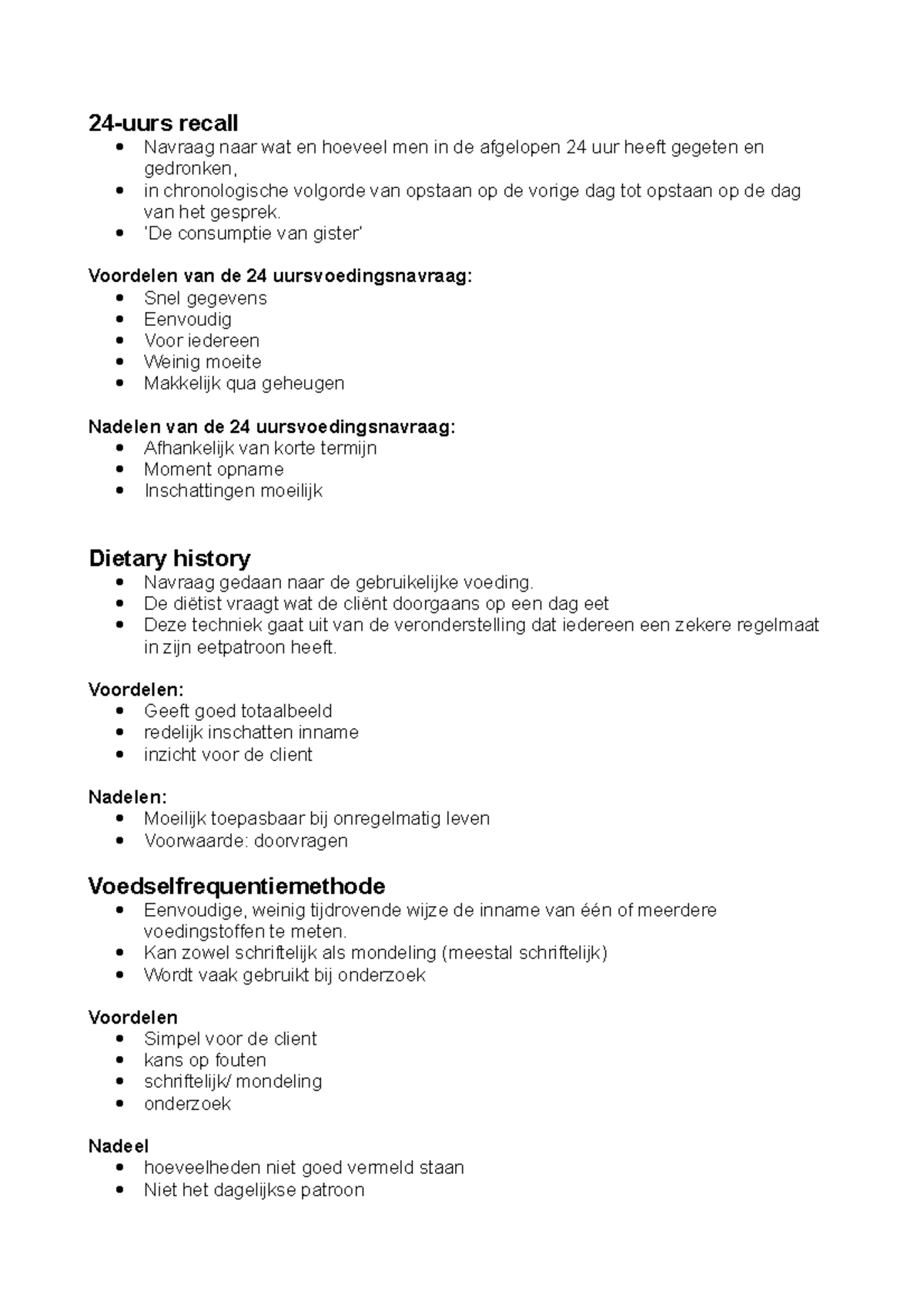 Samenvatting Diëtetiek Jaar 1 College S 1 3 24 Uurs Recall Navraag