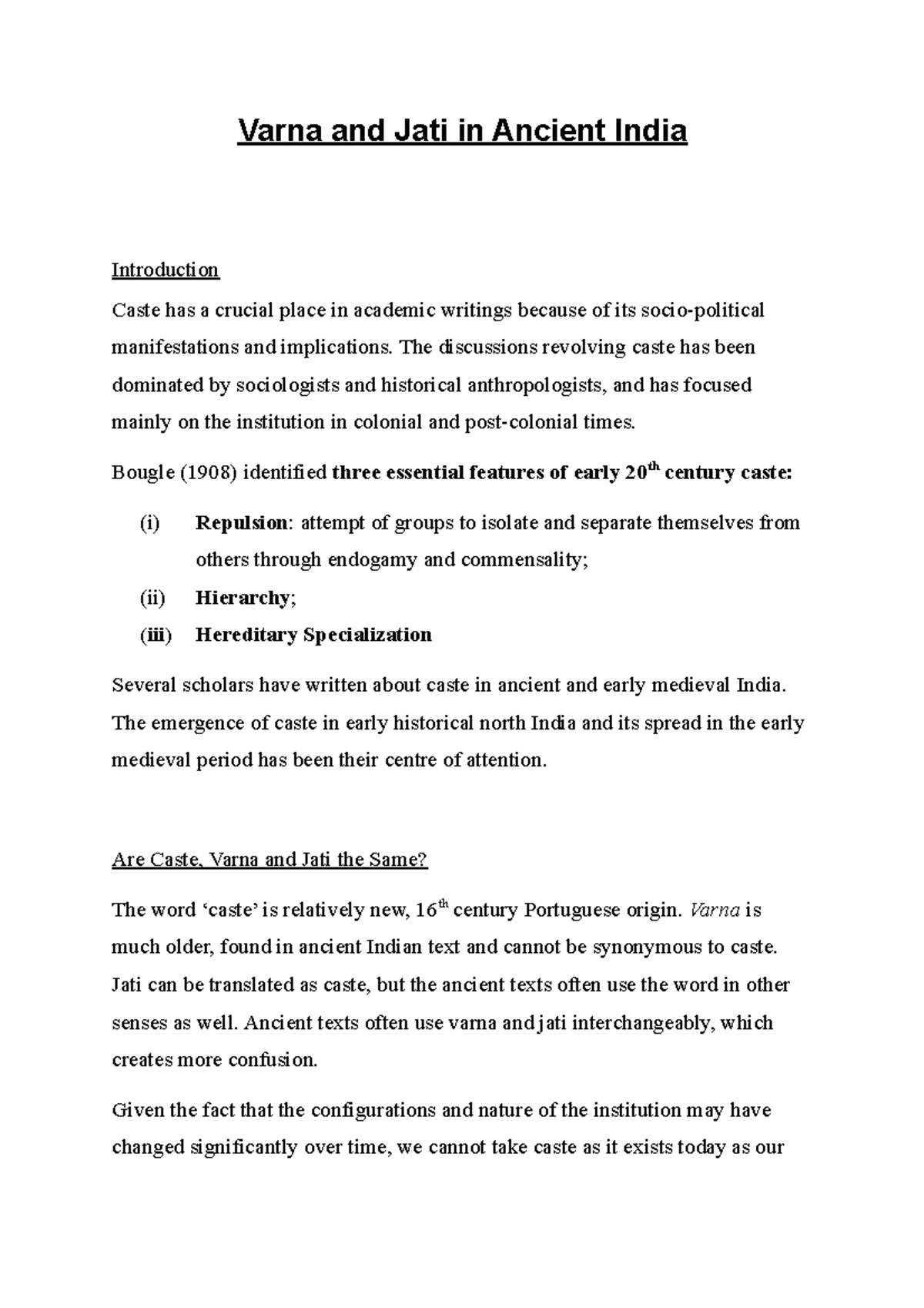 History Assignment Varna and Jati in Ancient India Introduction Caste