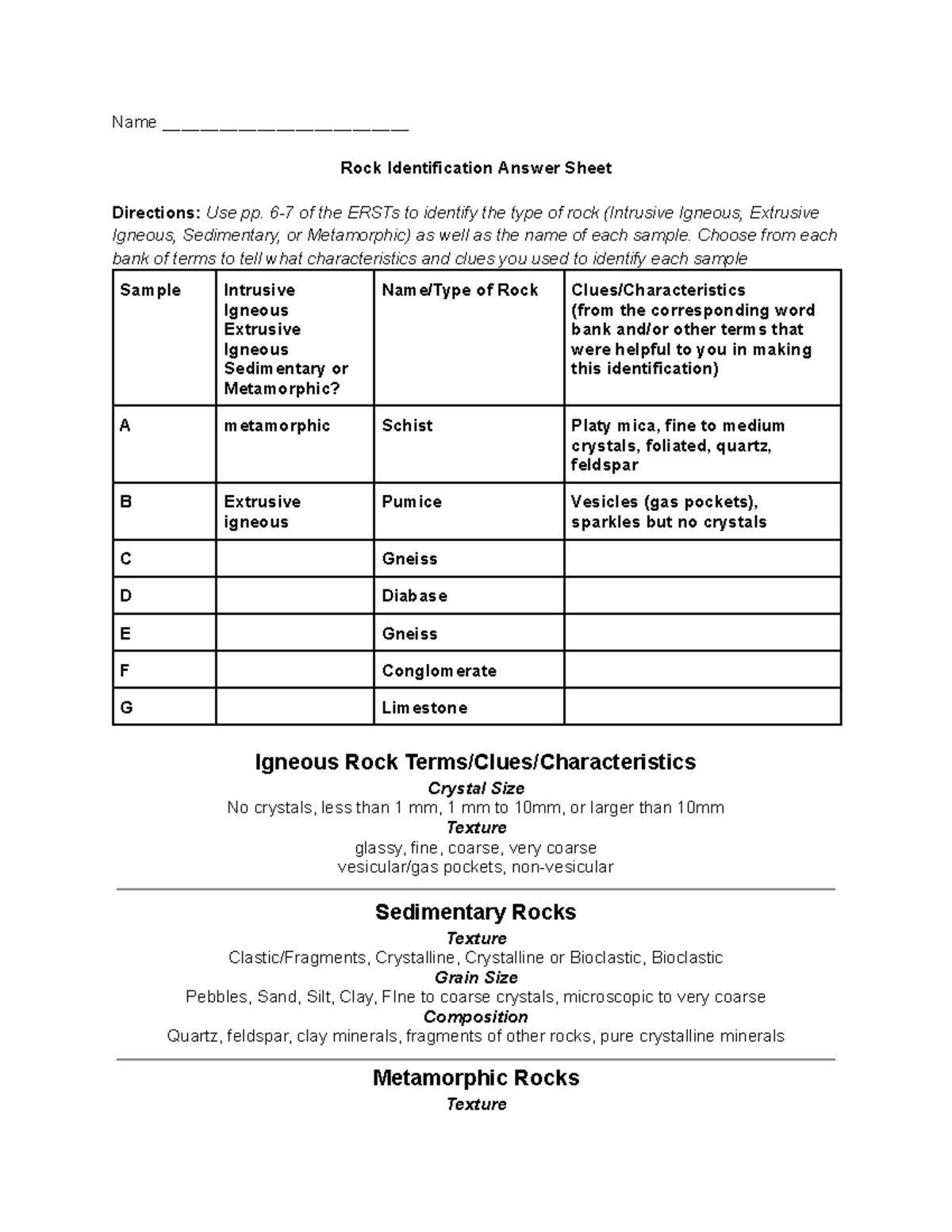 Rock ID Answer Sheet Google Docs Name