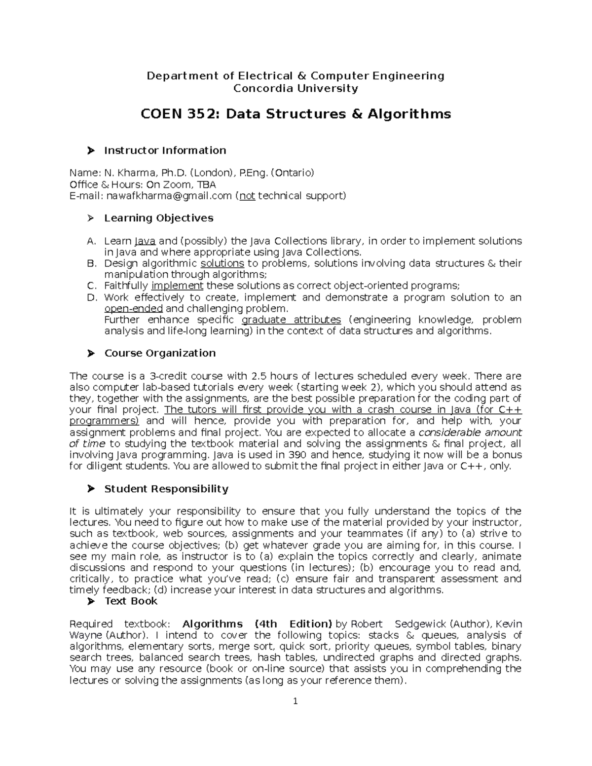 COEN 352 Course Outline - Department of Electrical & Computer ...
