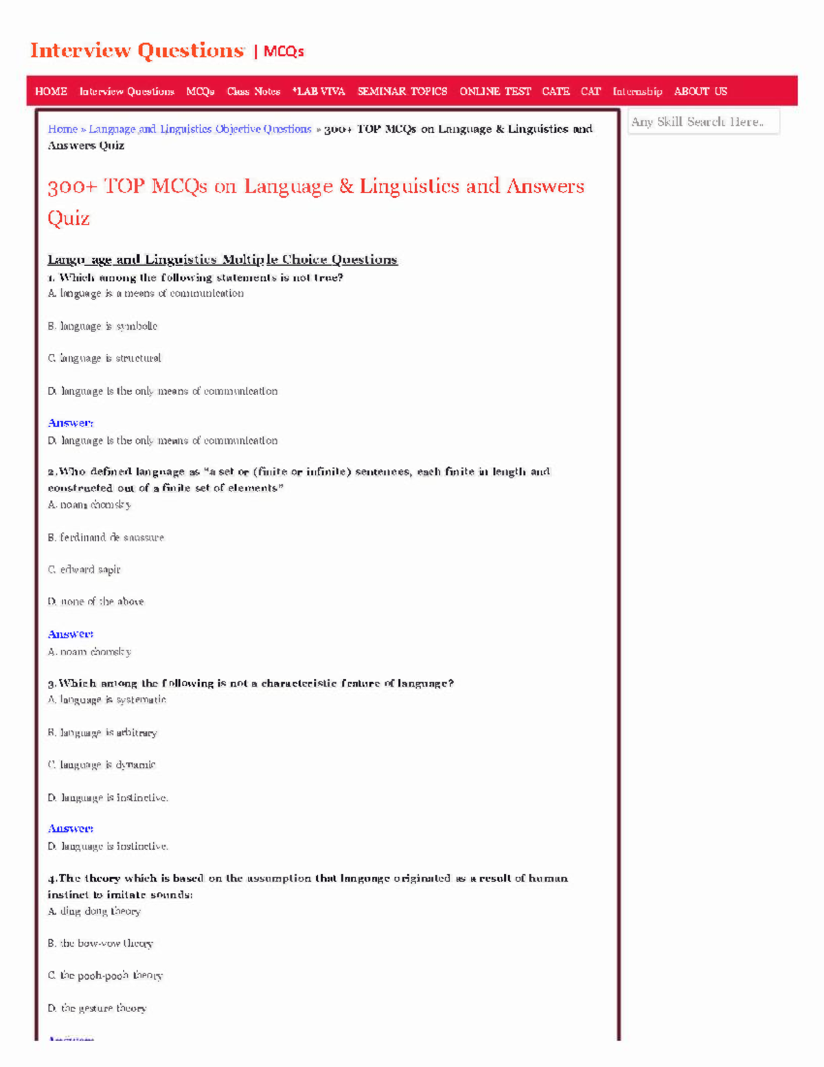 Multiple Choice Questions on Language & Linguistics - Interview ...