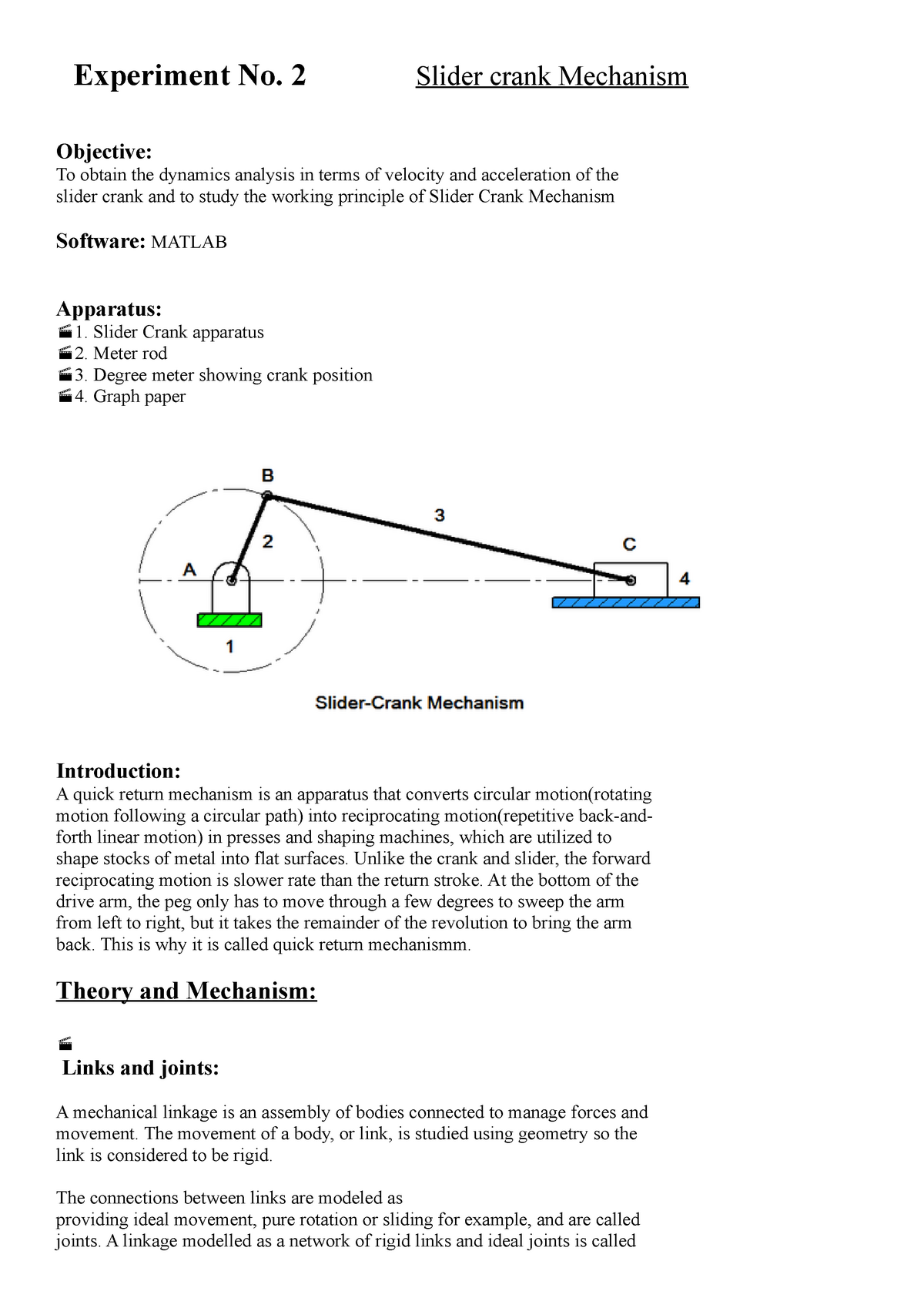 experiment on slider crank mechanism