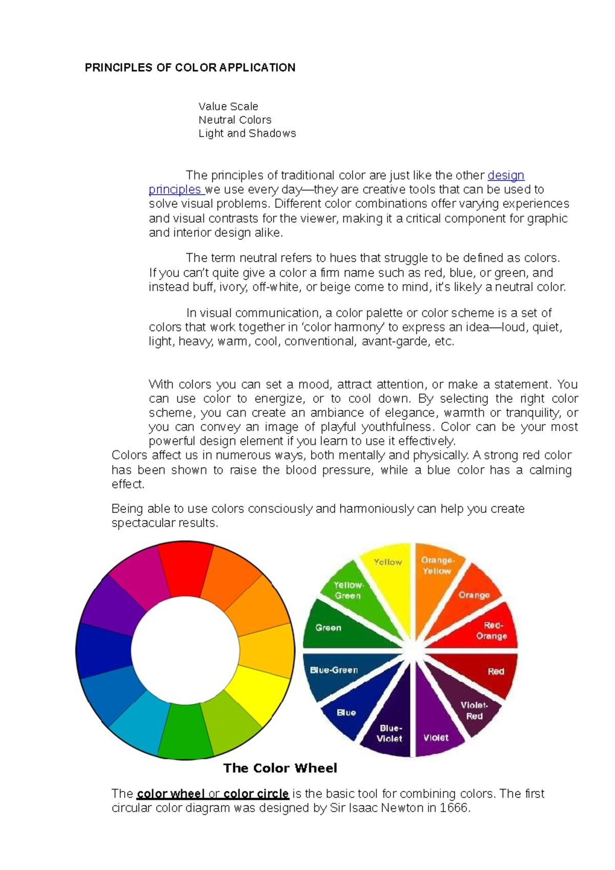 Principles OF Color Application - PRINCIPLES OF COLOR APPLICATION Value