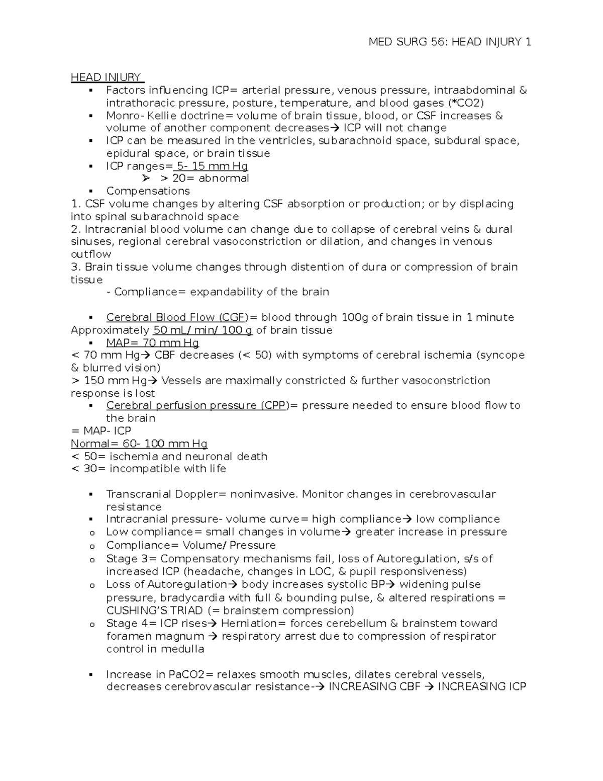 Head injury- Med Surg Notes - HEAD INJURY Factors influencing ICP ...
