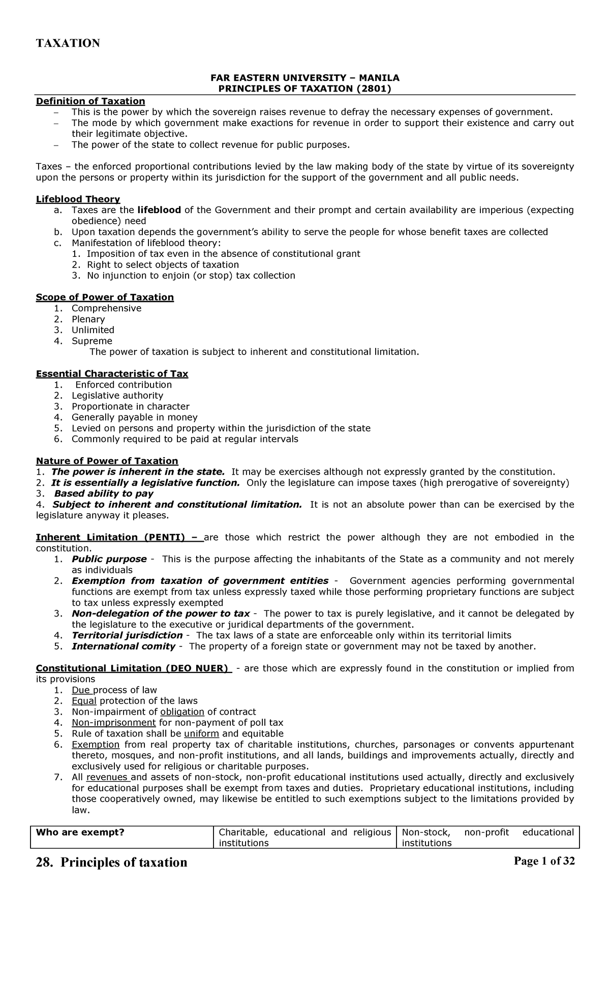 Principles of taxation (SUMMARY) - TAXATION 28. Principles of taxation ...
