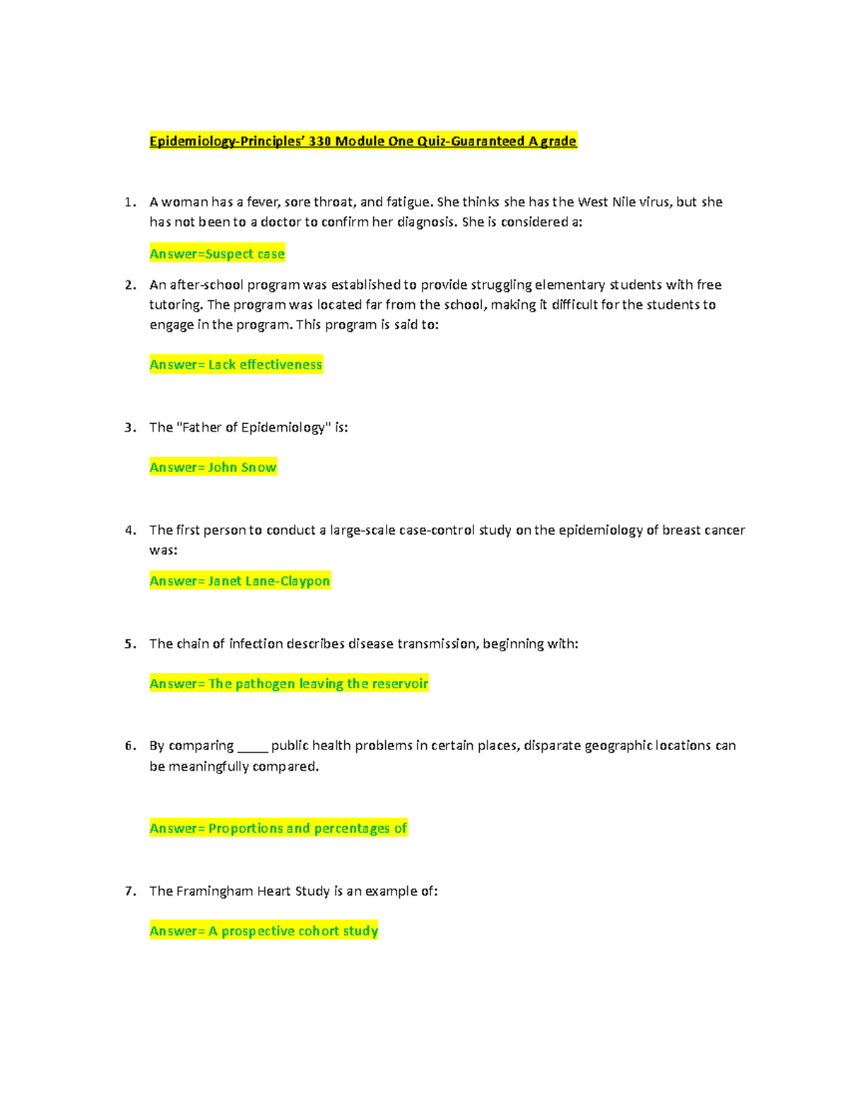 Epidemiology Quiz 1module 1 EpidemiologyPrinciples’ 330 Module One