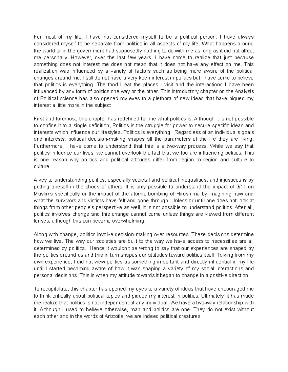 Political science chapter 1 summary/ reflection - For most of my life ...