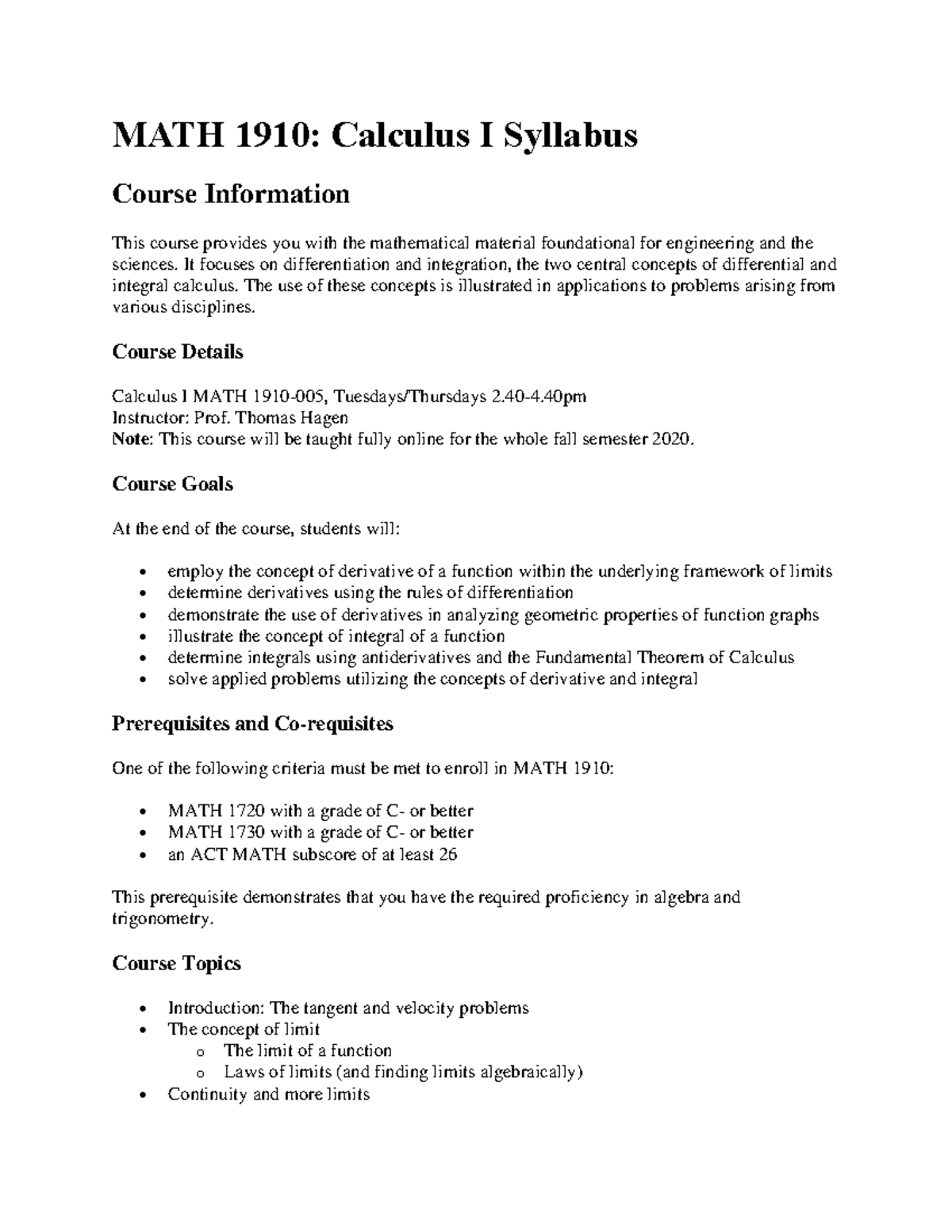 Math1910-005 - Learn 1910 - MATH 1910: Calculus I Syllabus Course ...