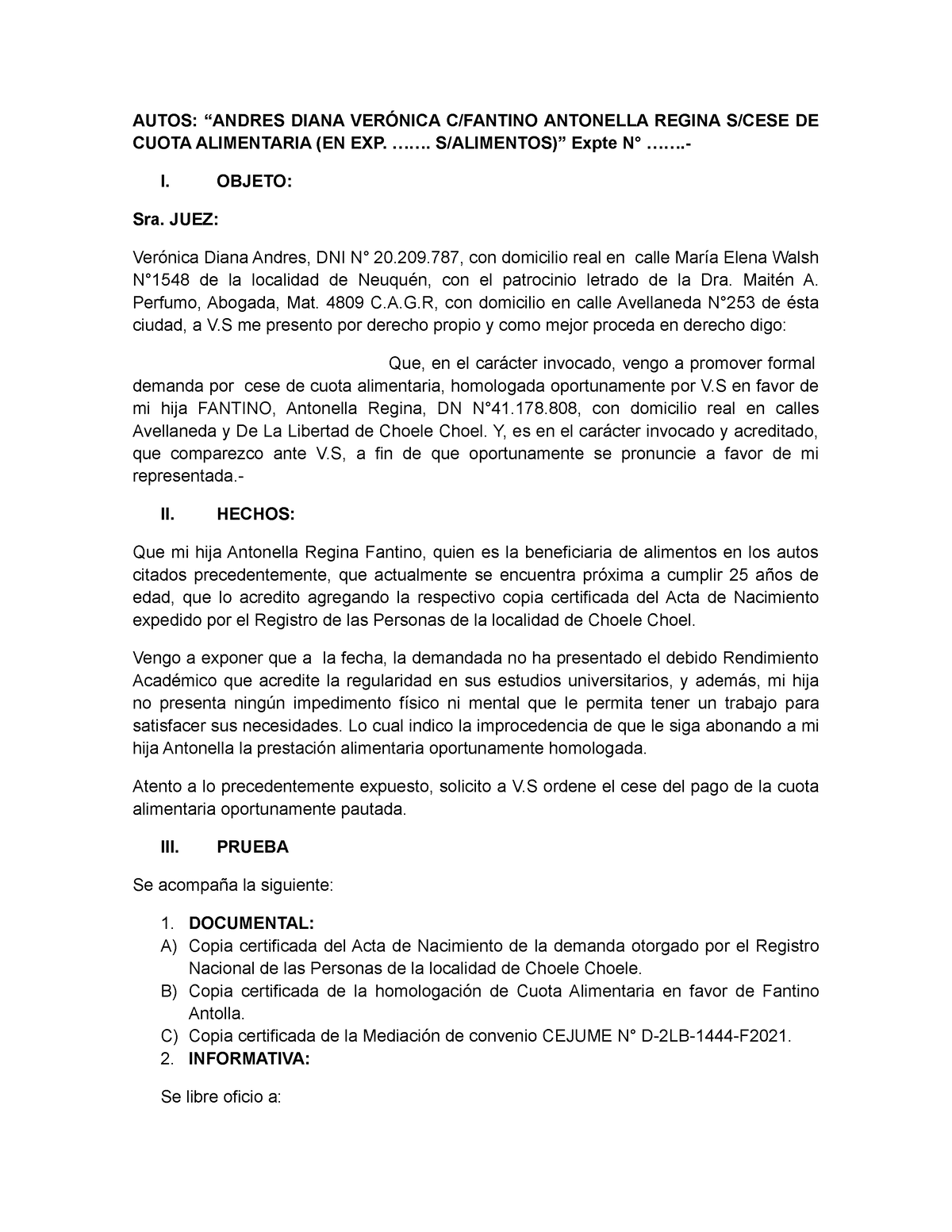 Demanda CESE DE Alimentos Andres V - AUTOS: “ANDRES DIANA VERÓNICA  C/FANTINO ANTONELLA REGINA S/CESE - Studocu