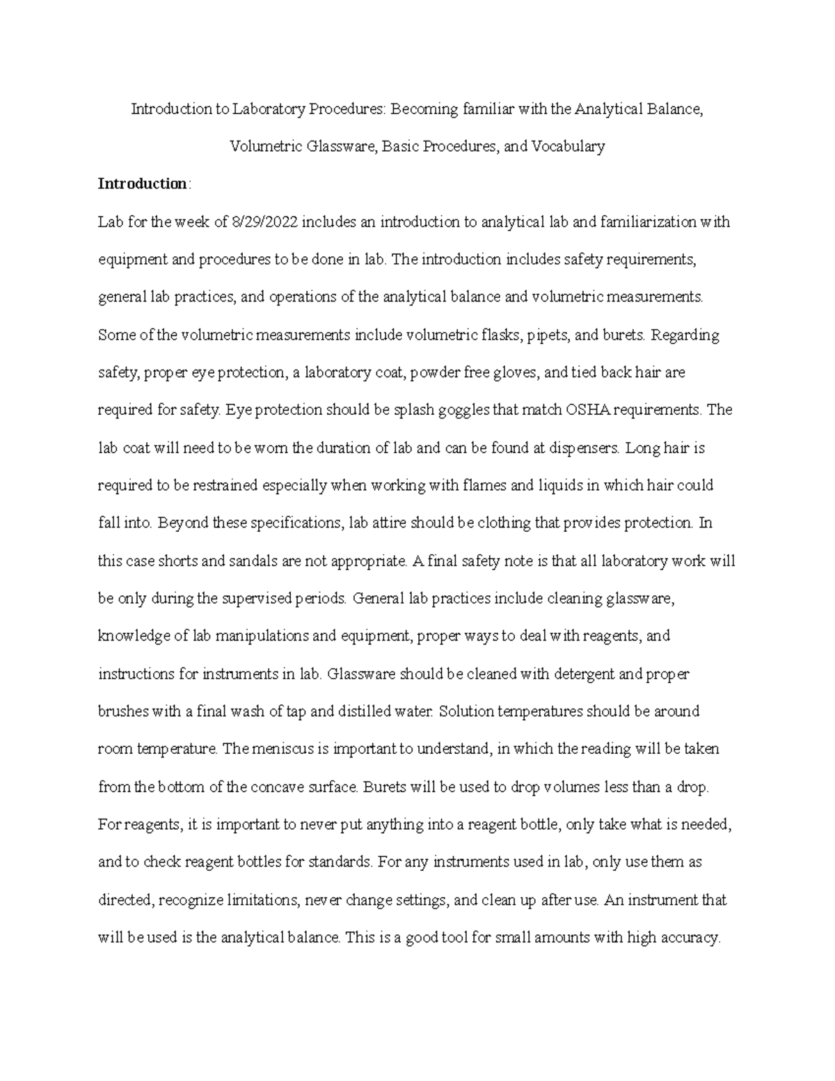 ANalytical lab 1 Lab 1 for corresponding lab Introduction to