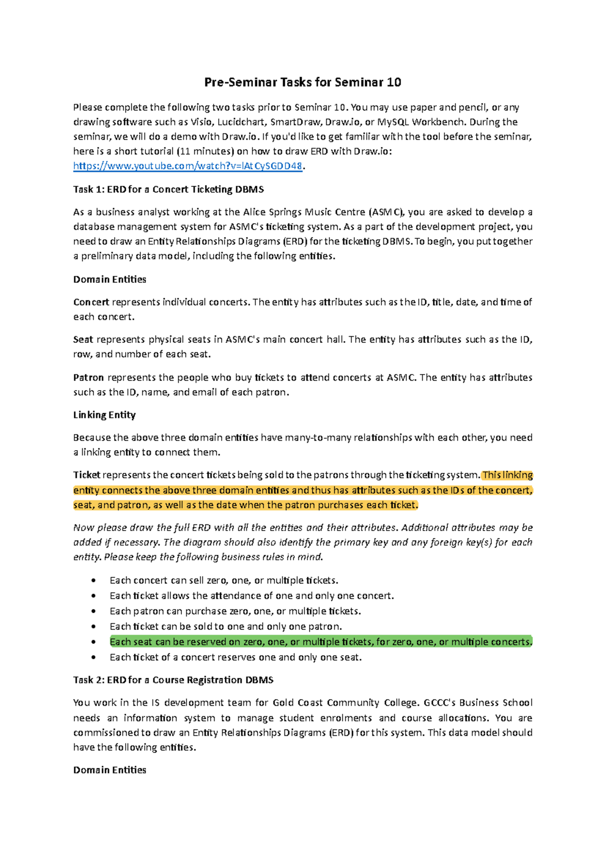 Seminar w10 activity ERD - Pre-Seminar Tasks for Seminar 10 Please ...