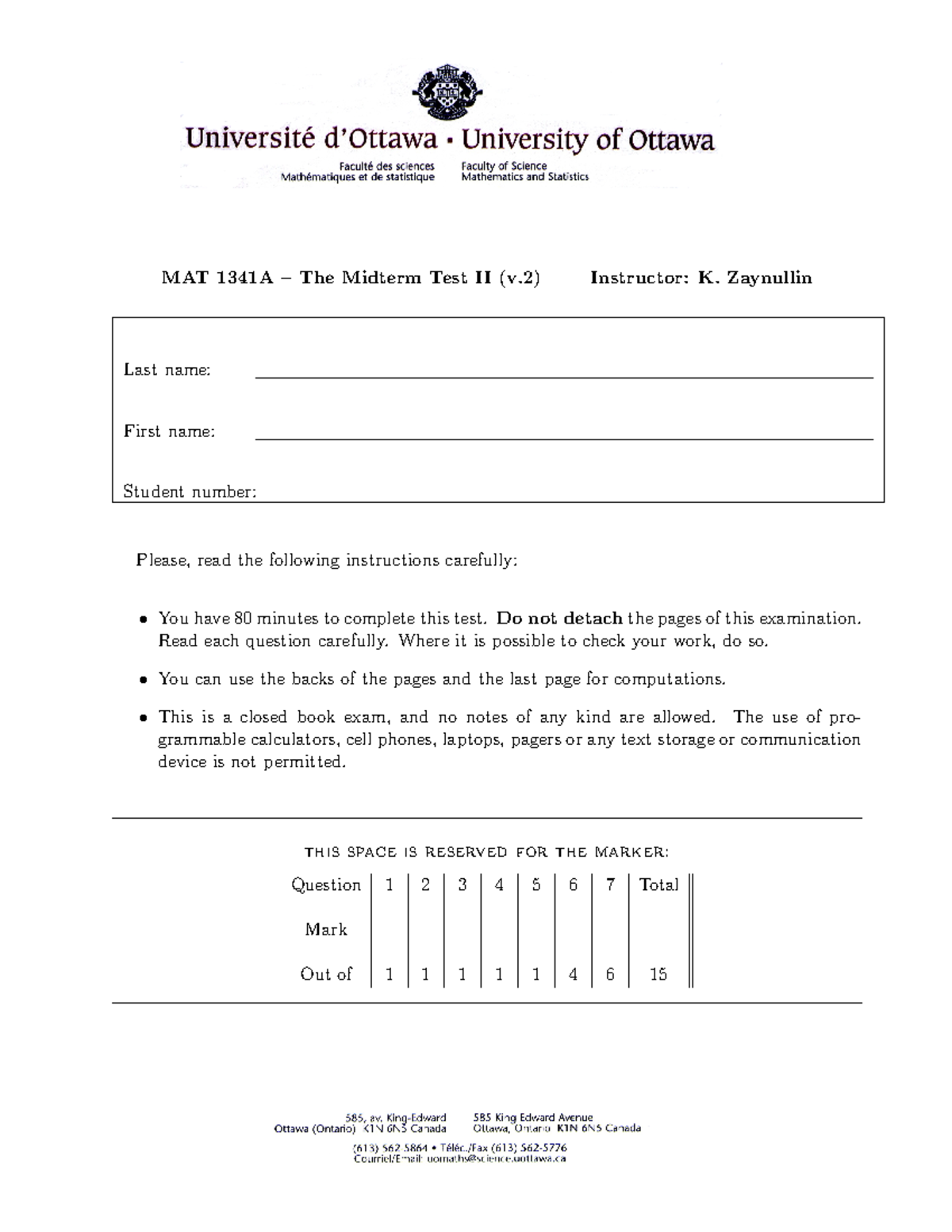 Exam 11 November 2018, questions and answers - MAT 1341A – The Midterm ...