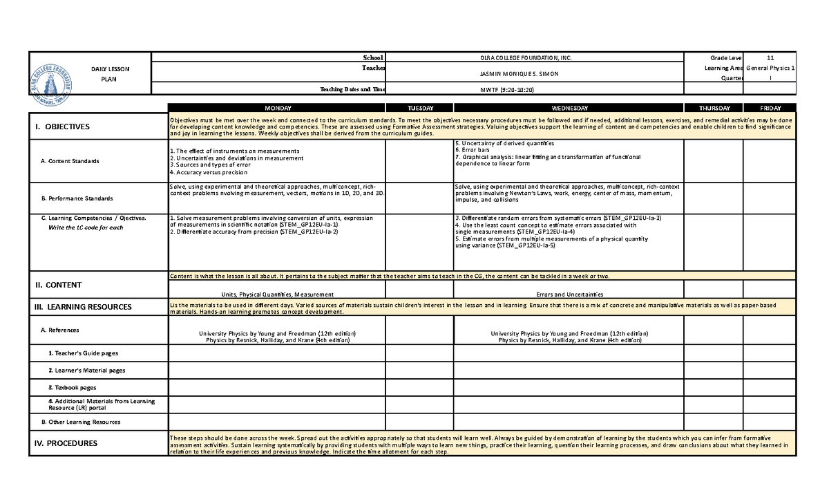 GEN Physics Lesson PLAN - DAILY LESSON PLAN School OLRA COLLEGE ...