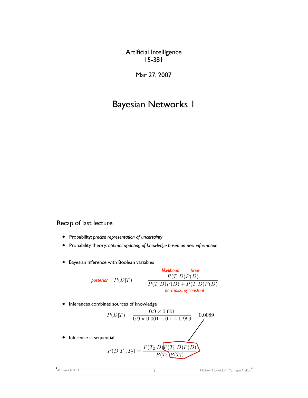 032707 Bayes Nets 1 - Lecture Notes 1-3 - Artificial Intelligence 15 ...